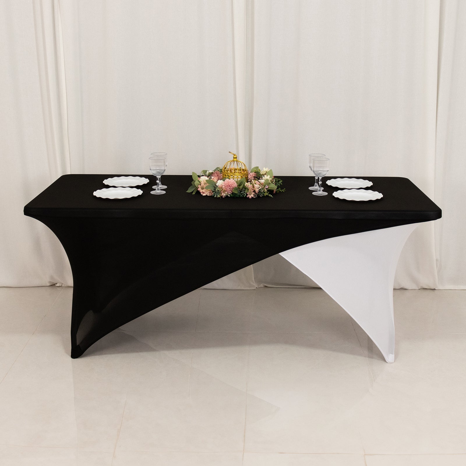 Stretch Spandex 72x30 Rectangle Table Cover Black/White Cross Over Design - Versatile & Sleek Two-Piece Fitted Tablecloth with Elastic Foot Pockets