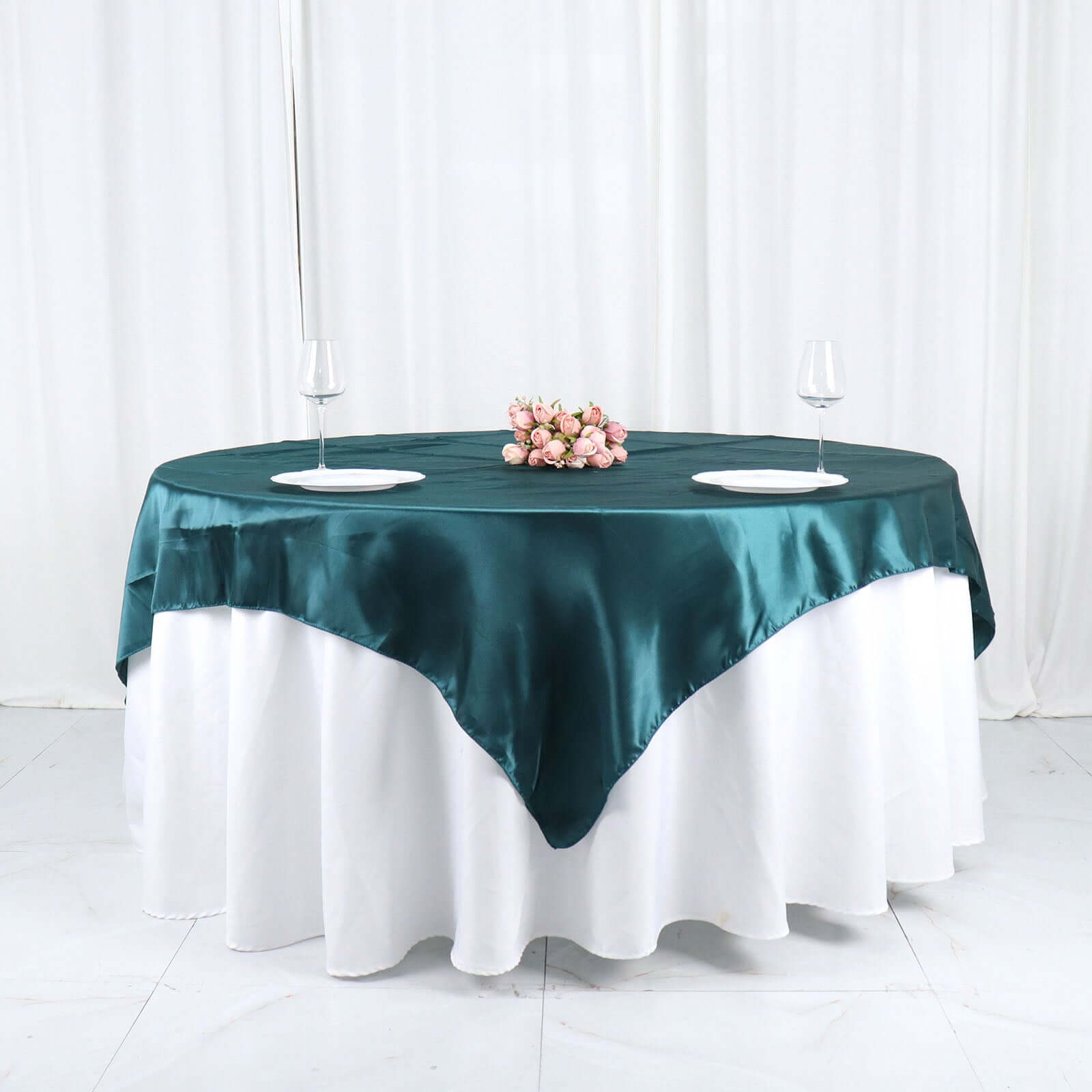 Satin 72x72 Table Overlay Square Tablecloth Peacock Teal - Smooth Finish Table Cover