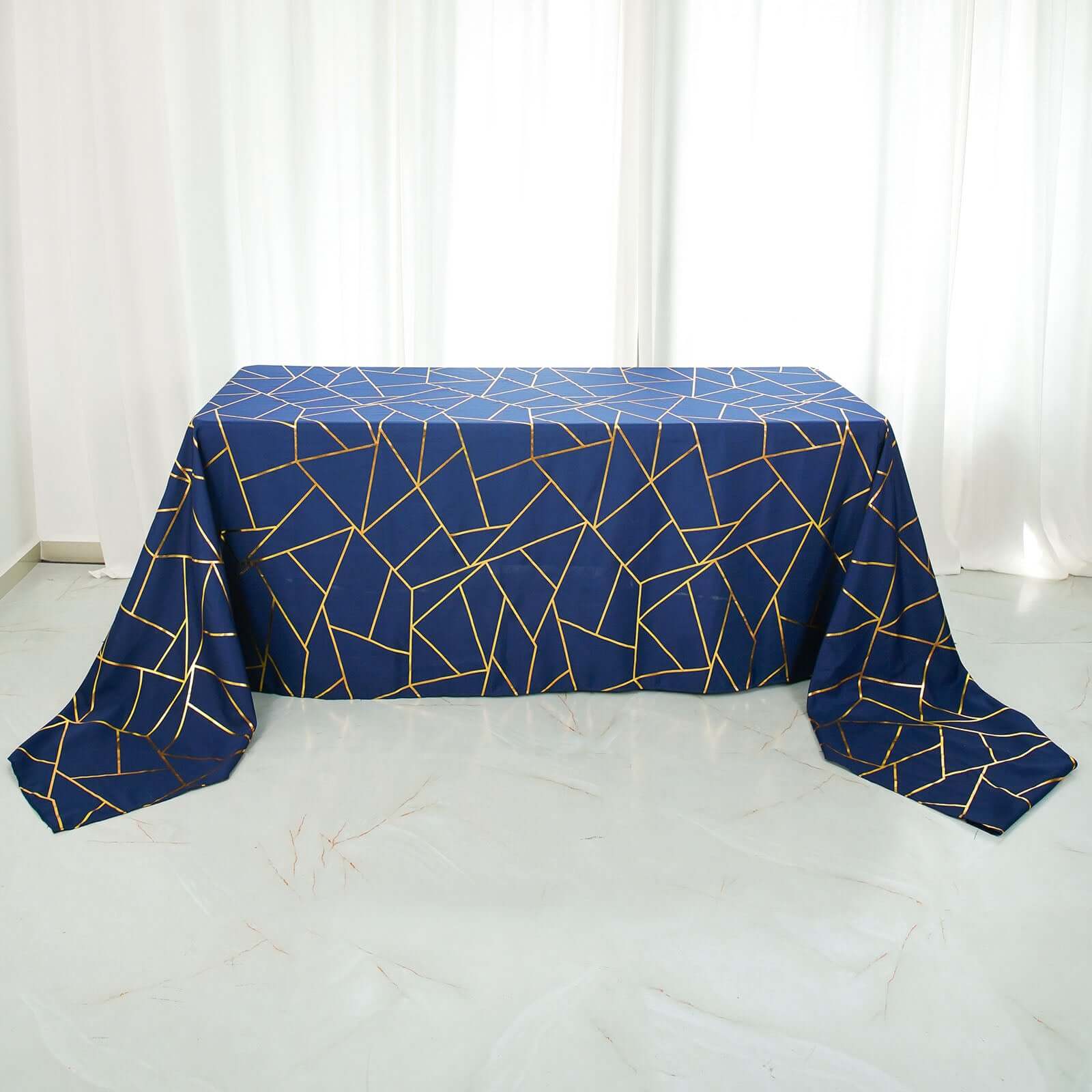 Polyester 90x156 Rectangle Tablecloth Navy Blue Seamless with Gold Foil Geometric Pattern - Wrinkle-Resistant Seamless Table Cover for Sophisticated Events