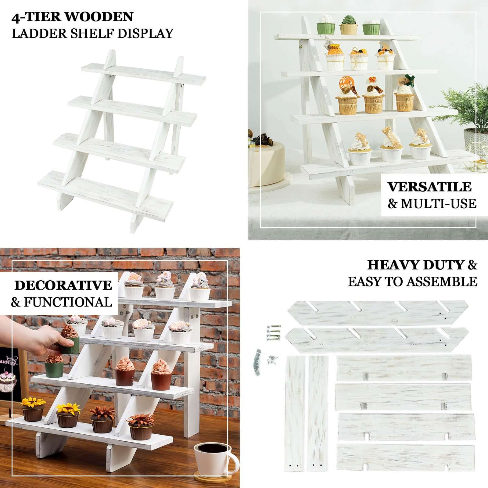 4-Tier Wooden Ladder Shelf Whitewashed Rustic Design - Cascading Stair Step Dessert Display Cupcake Holder 21