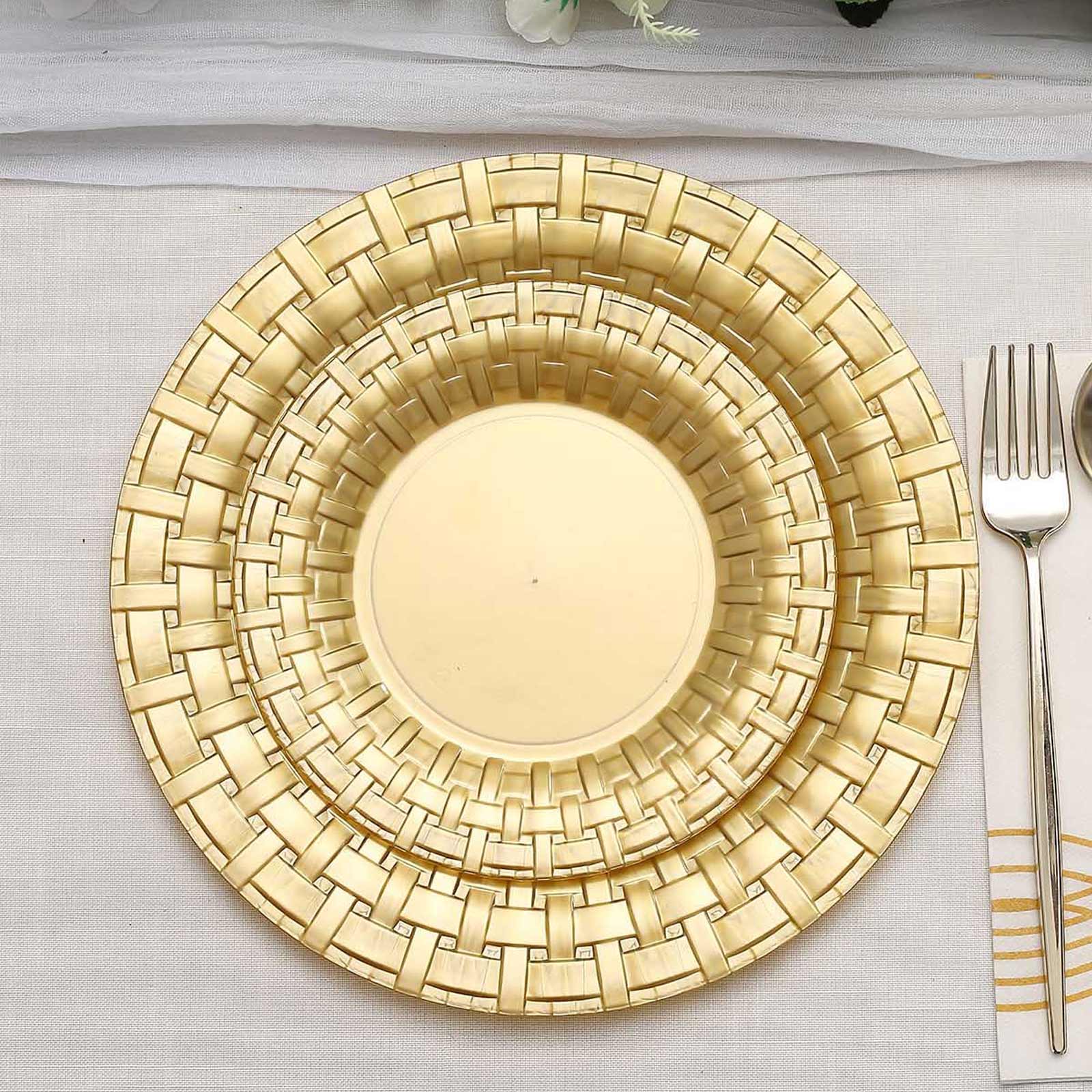 10 Pack 7 Gold Basketweave Rim Plastic Salad Dessert Plates, Round Disposable Appetizer Plates