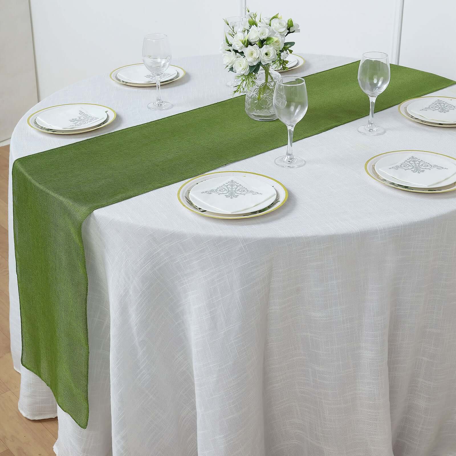 Faux Linen 14x108 Table Runner Moss Green - Rustic Style Table Decor