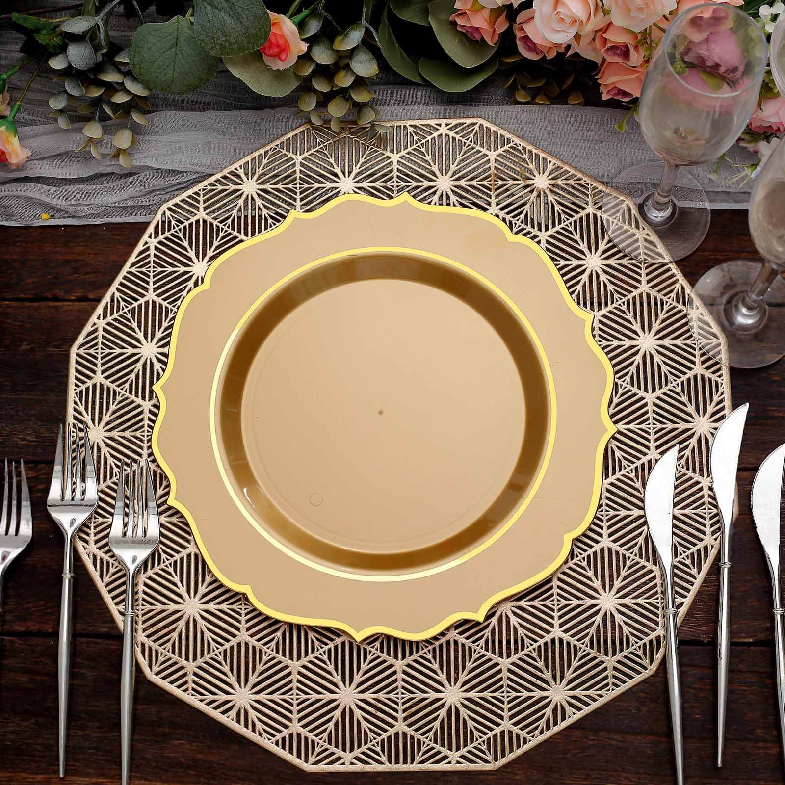 10-Pack Plastic 10 Round Dinner Plates in Gold with Gold Scalloped Rim - Disposable Party Plates