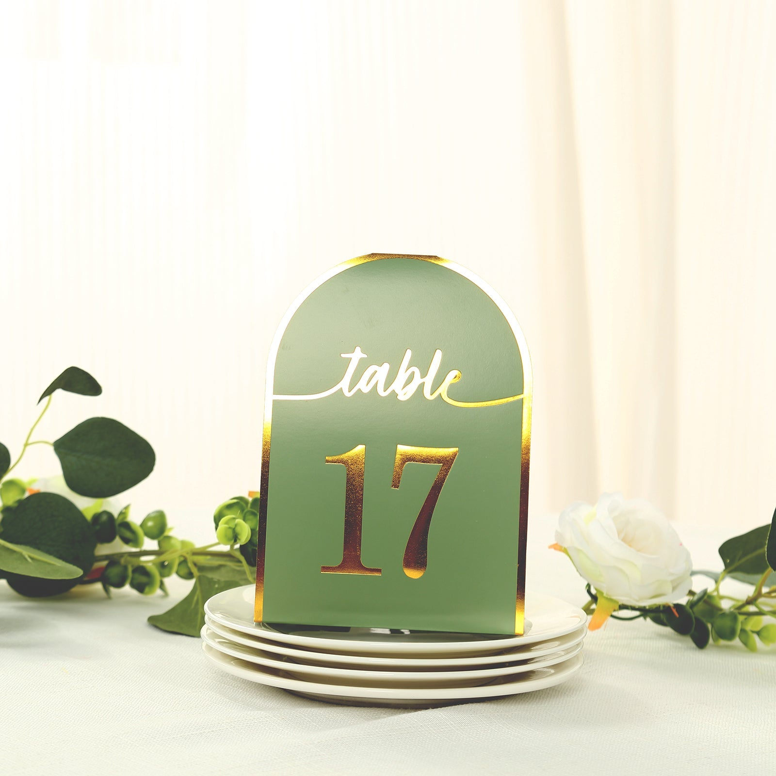 25-Pack Paper Wedding Table Numbers 1-25 Sage Green Arch Cutout Design - Sleek & Modern Free Standing Double Sided Table Tent Cards with Metallic Gold Foil Numbers 7