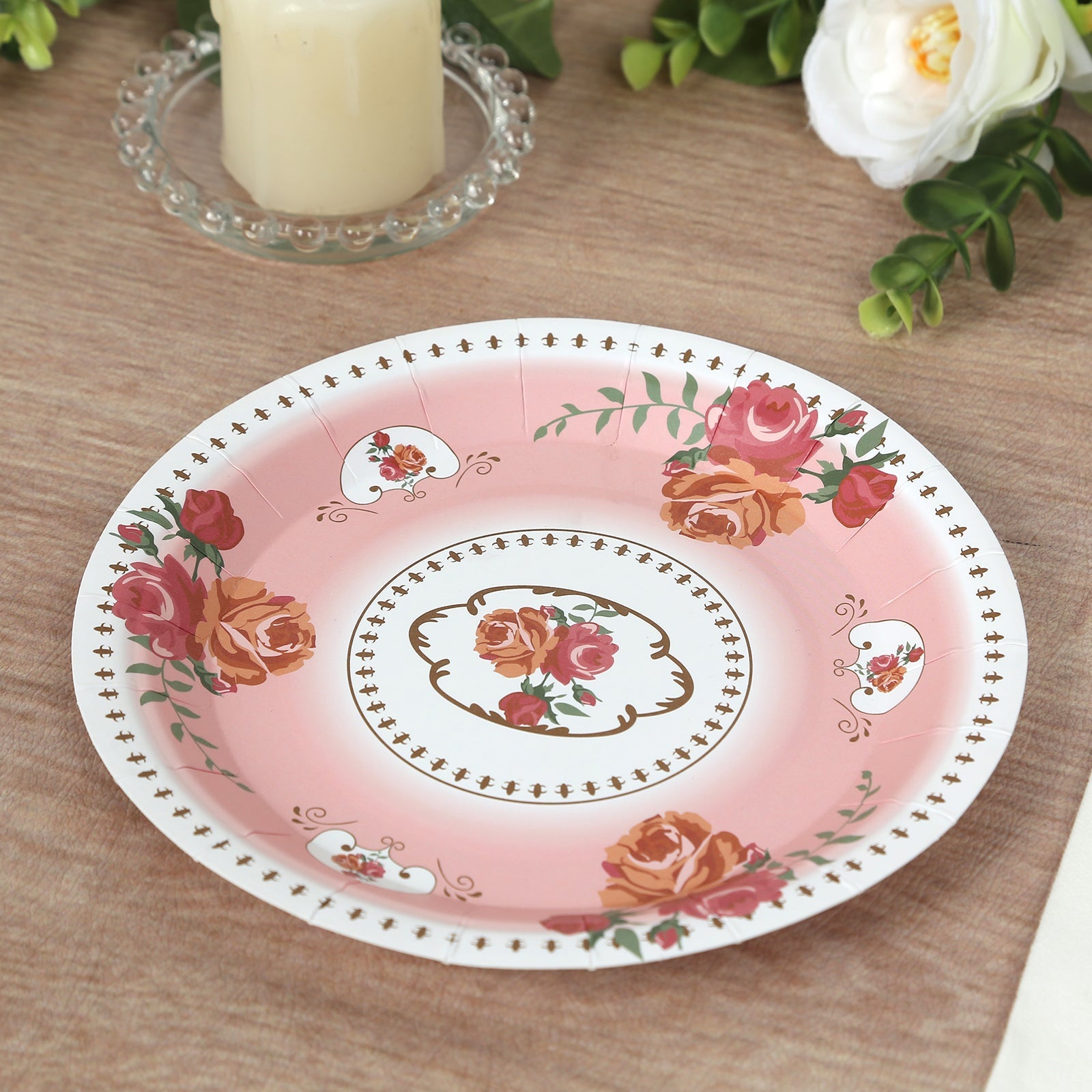 25-Pack Paper 9 Round Dinner Plates in Dusty Rose with Vintage Rose Flower Print - Disposable Plates