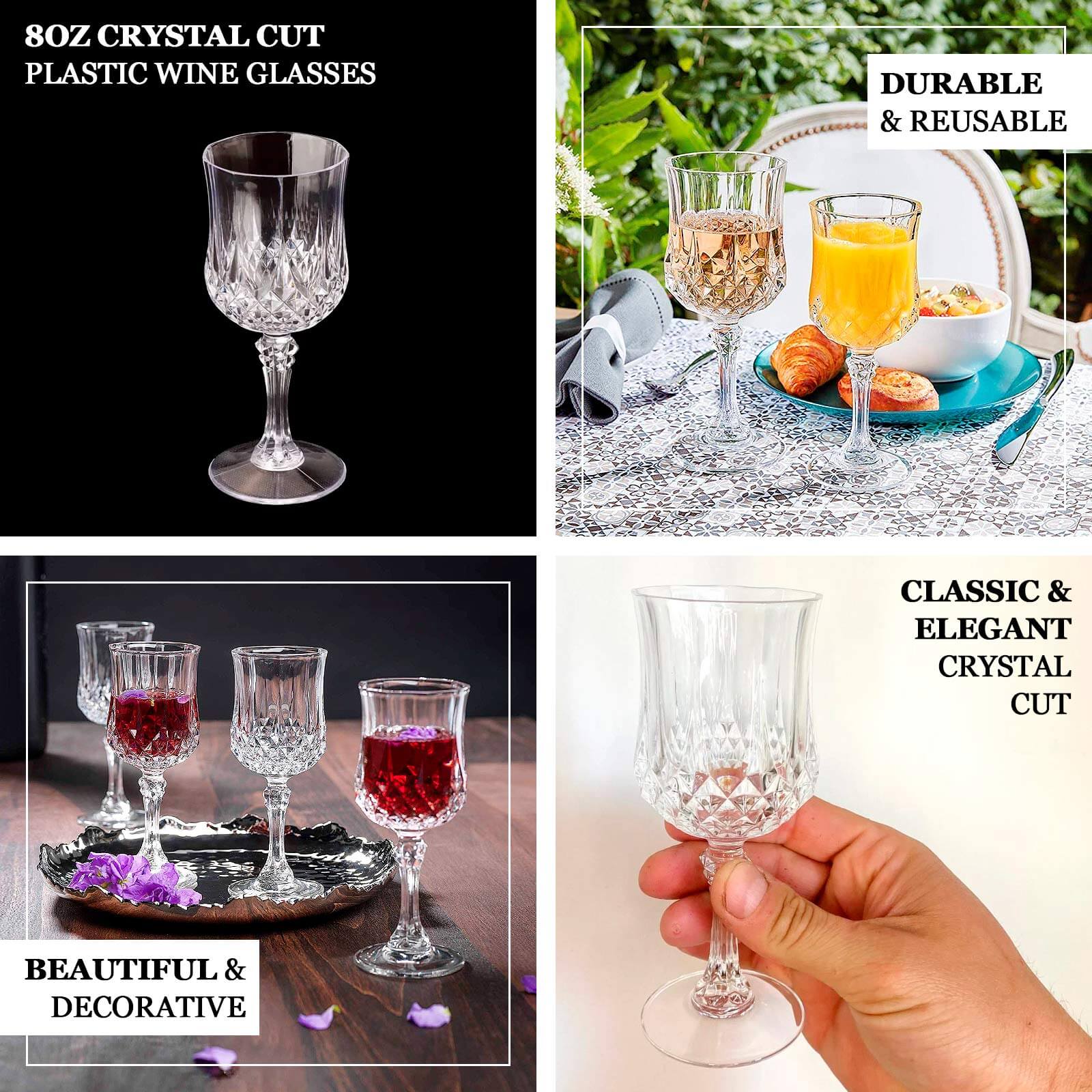 6-Pack Plastic Cocktail Goblets Purple Transparent Crystal Cut - Shatterproof Drinkware 8oz