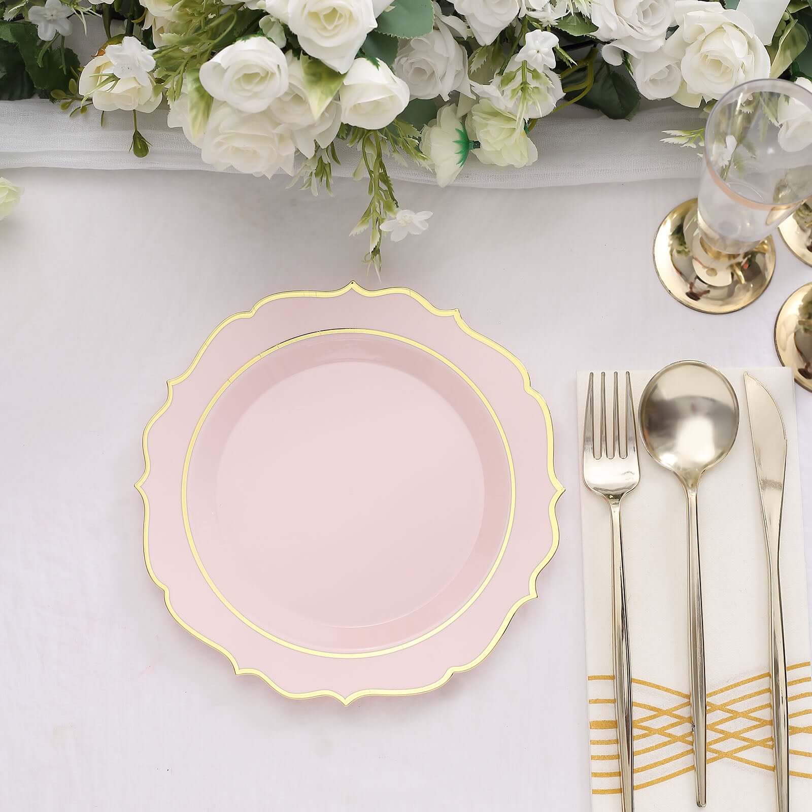 10-Pack Plastic 8 Round Desert Plates in Blush with Gold Scalloped Rim - Disposable Appetizer/Salad Plates