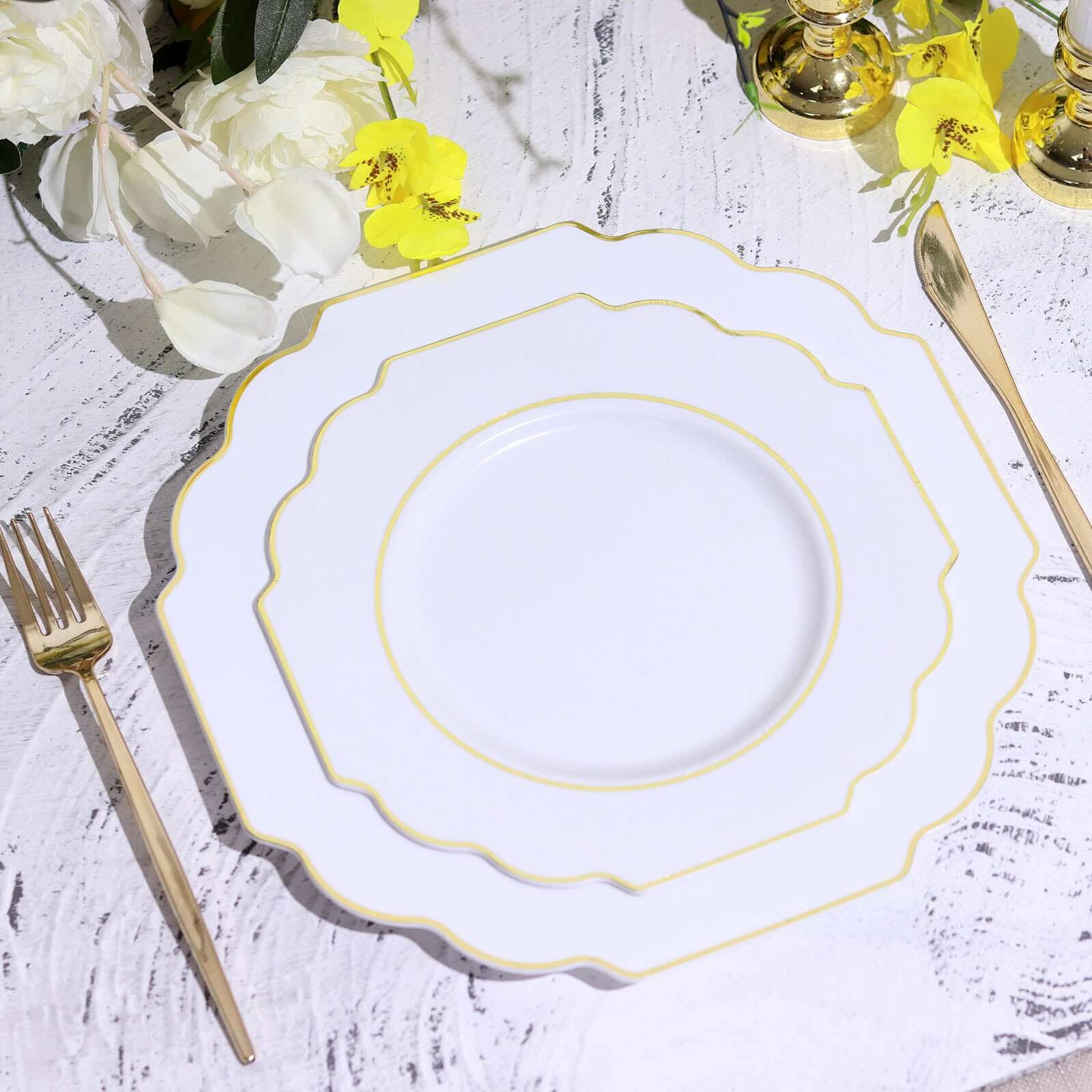 10-Pack Plastic Dessert Appetizer Plates in White Baroque Design with Scalloped Gold Rim - Heavy Duty Disposable Salad Plates for Formal Events & Banquets 8