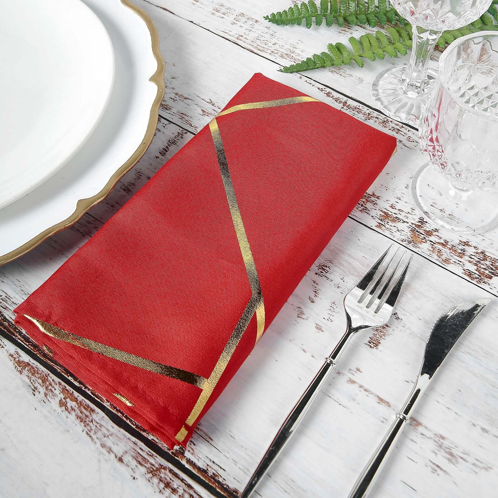 5 Pack Polyester 20x20 Napkins Red with Gold Geometric Foil Pattern - Modern Reusable Dinner Napkins