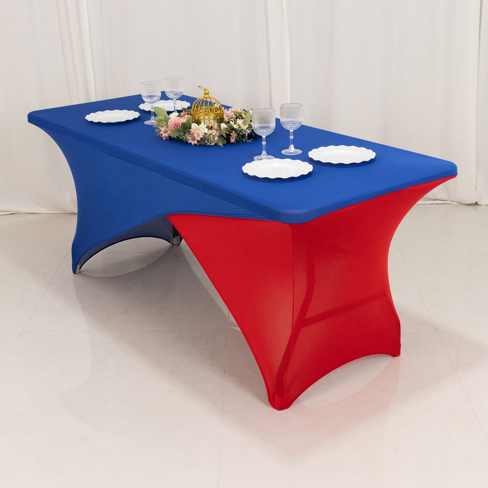 Stretch Spandex 72x30 Rectangle Table Cover Royal Blue/Red Cross Over Design - Two-Piece Fitted Tablecloth with Elastic Foot Pockets