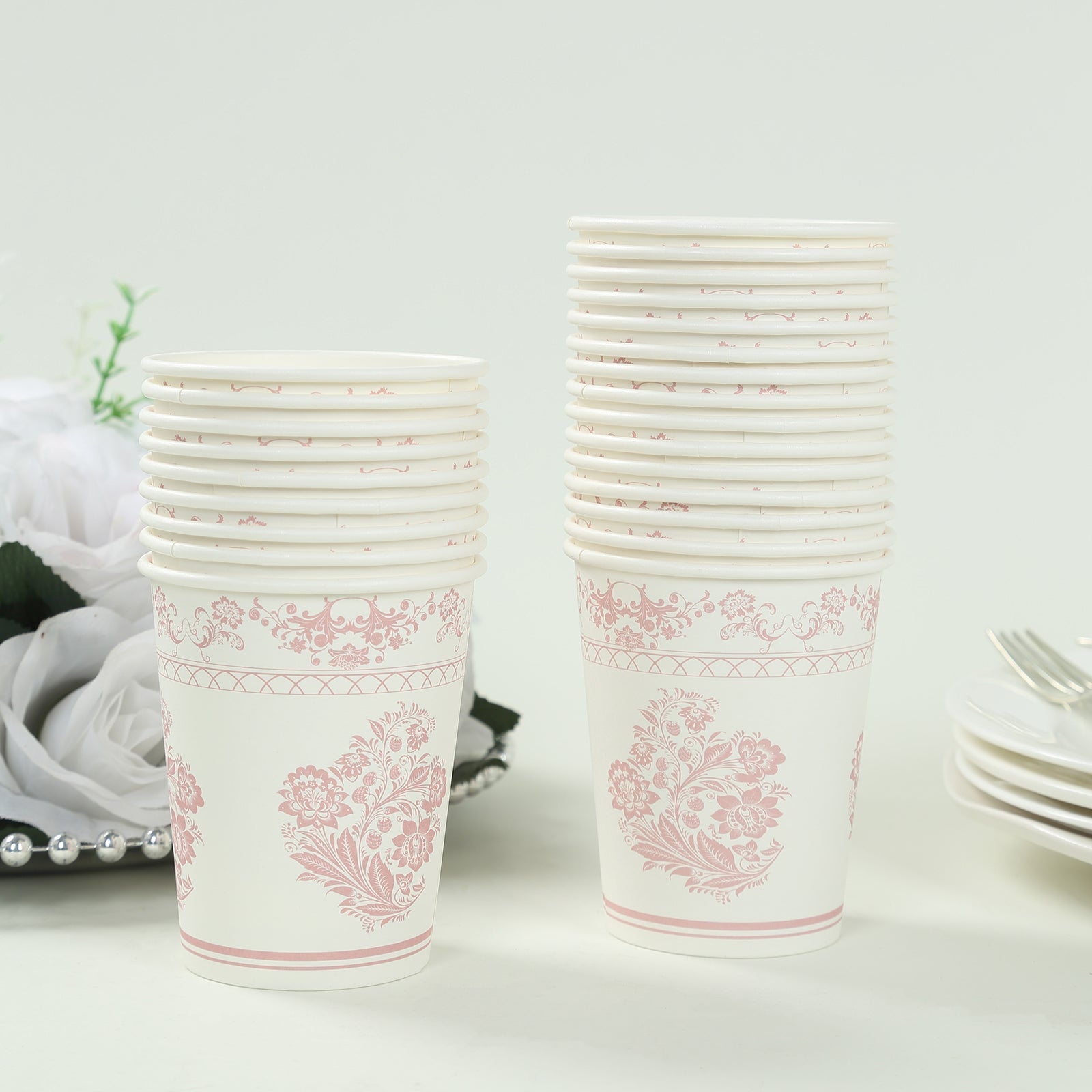 24-Pack Paper Cups White with Pink French Toile Print - Stylish Disposable Floral Party Cups for Hot & Cold Beverages 9oz