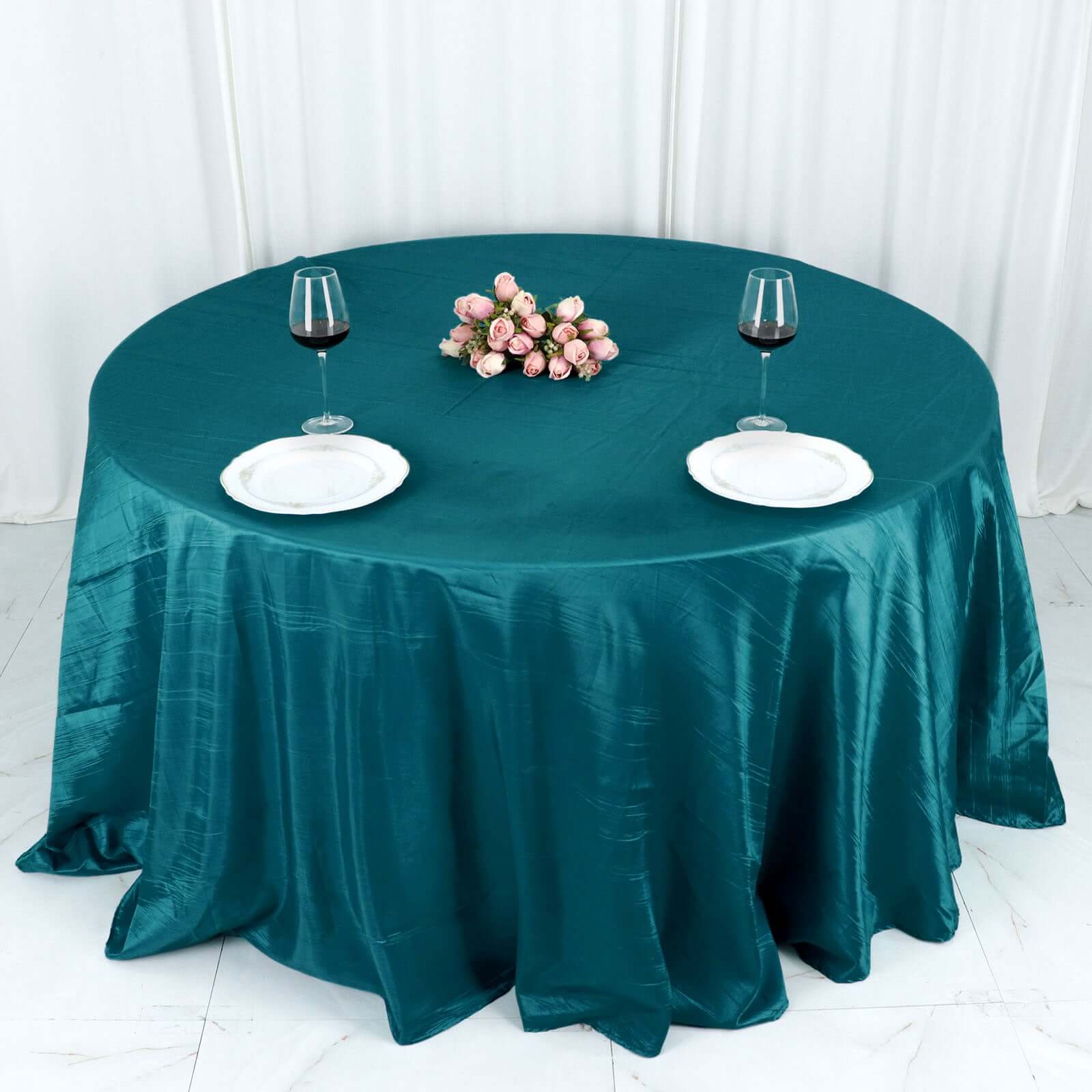 Taffeta 132 Round Tablecloth Peacock Teal - Seamless Accordion Crinkle Table Cover