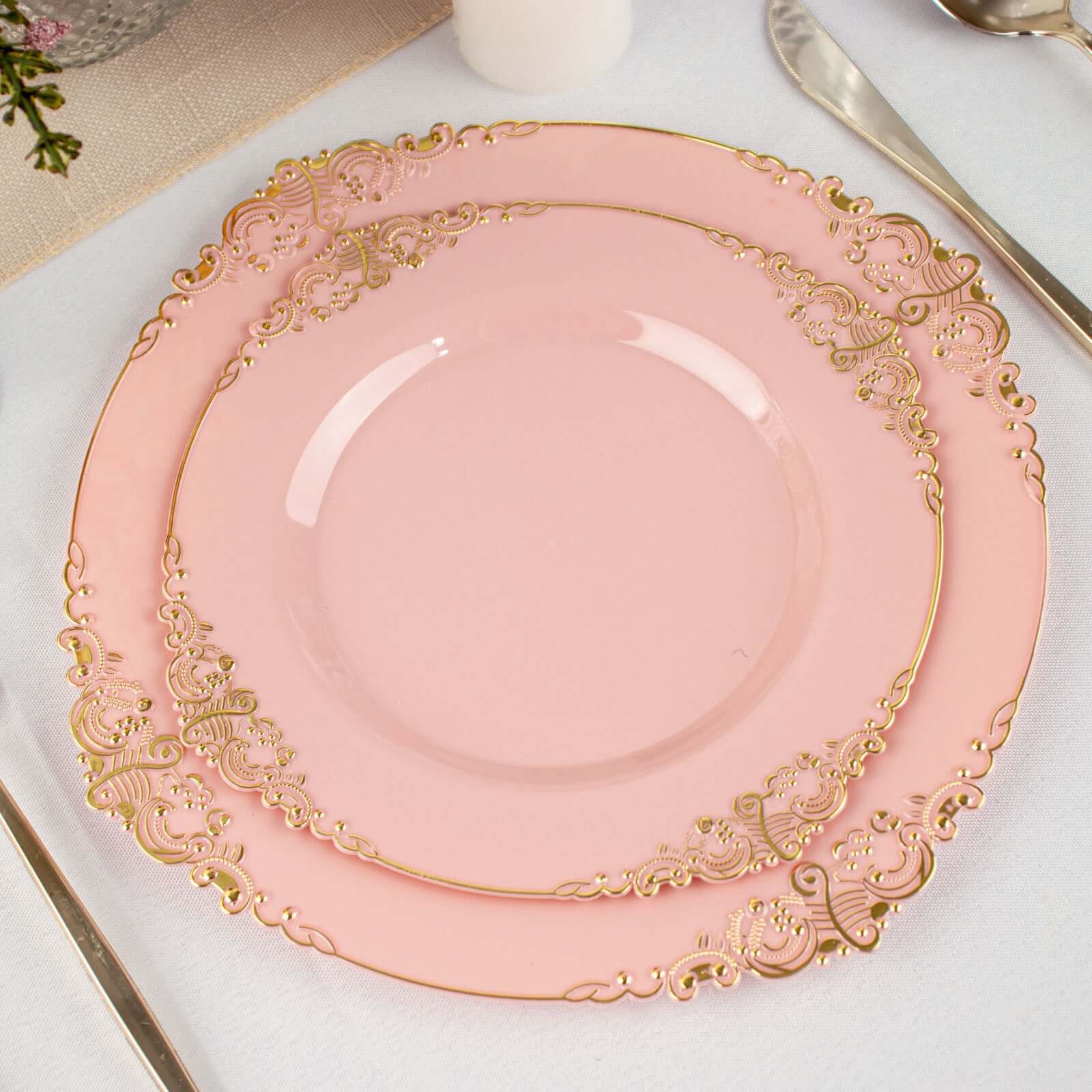 10-Pack Plastic 8 Round Dessert Plates in Dusty Rose with Gold Leaf Embossed Rim - Disposable Vintage Baroque Style Salad Plates