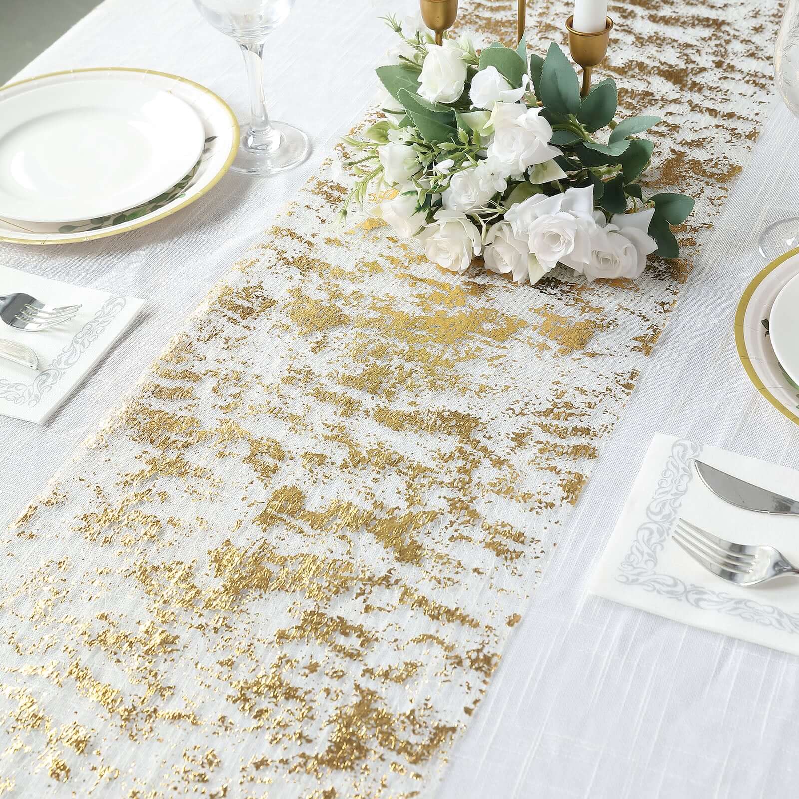 Mesh Polyester 108 Table Runner Roll Metallic Gold Distressed Foil Printing Design - Disposable Stylish Party Table Decor