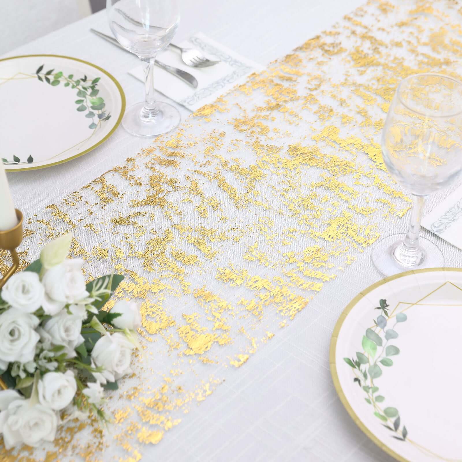 Mesh Polyester 108 Table Runner Roll Metallic Gold Distressed Foil Printing Design - Disposable Stylish Party Table Decor