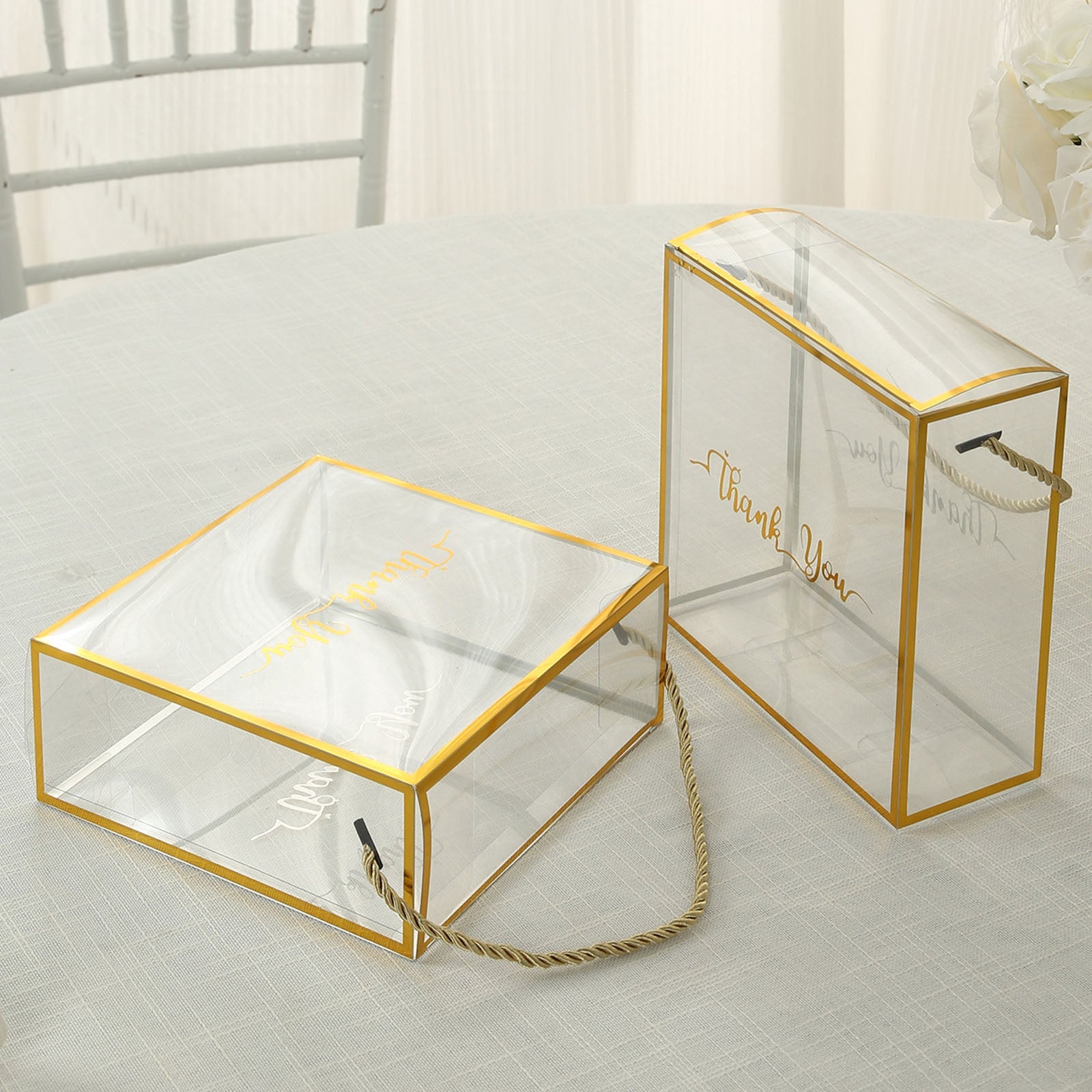 25 Pack Gold Trimmed Clear PVC Gift Boxes with Rope Handles and Thank You Print, Square Transparent Portable Candy Favor Boxes - 8x8