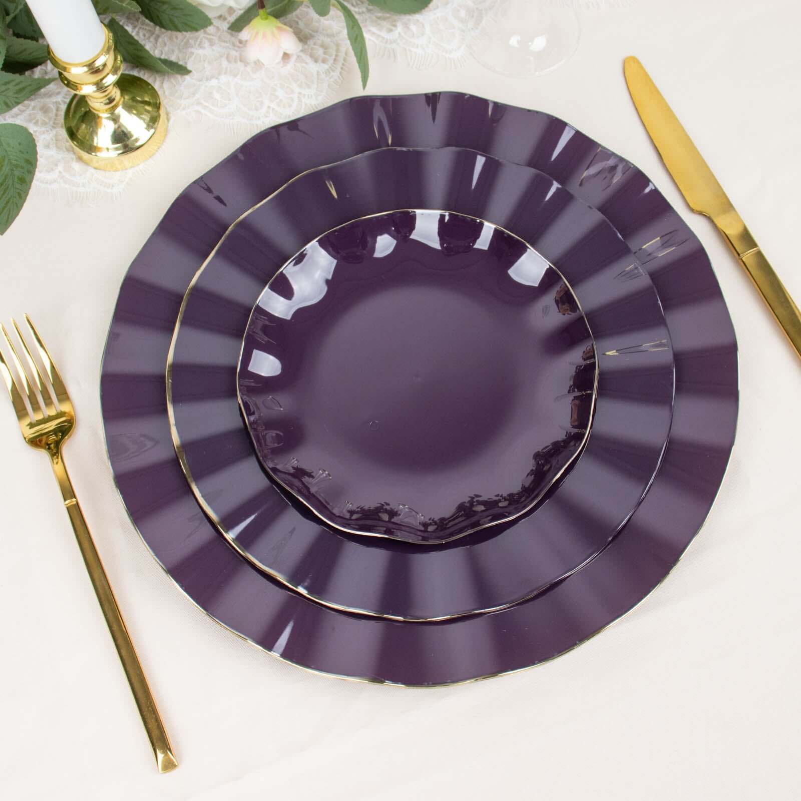 10-Pack Plastic Round 6 Dessert Plates in Purple Ruffled Rim with Gold Edging - Sturdy Disposable Salad Appetizer Dinnerware