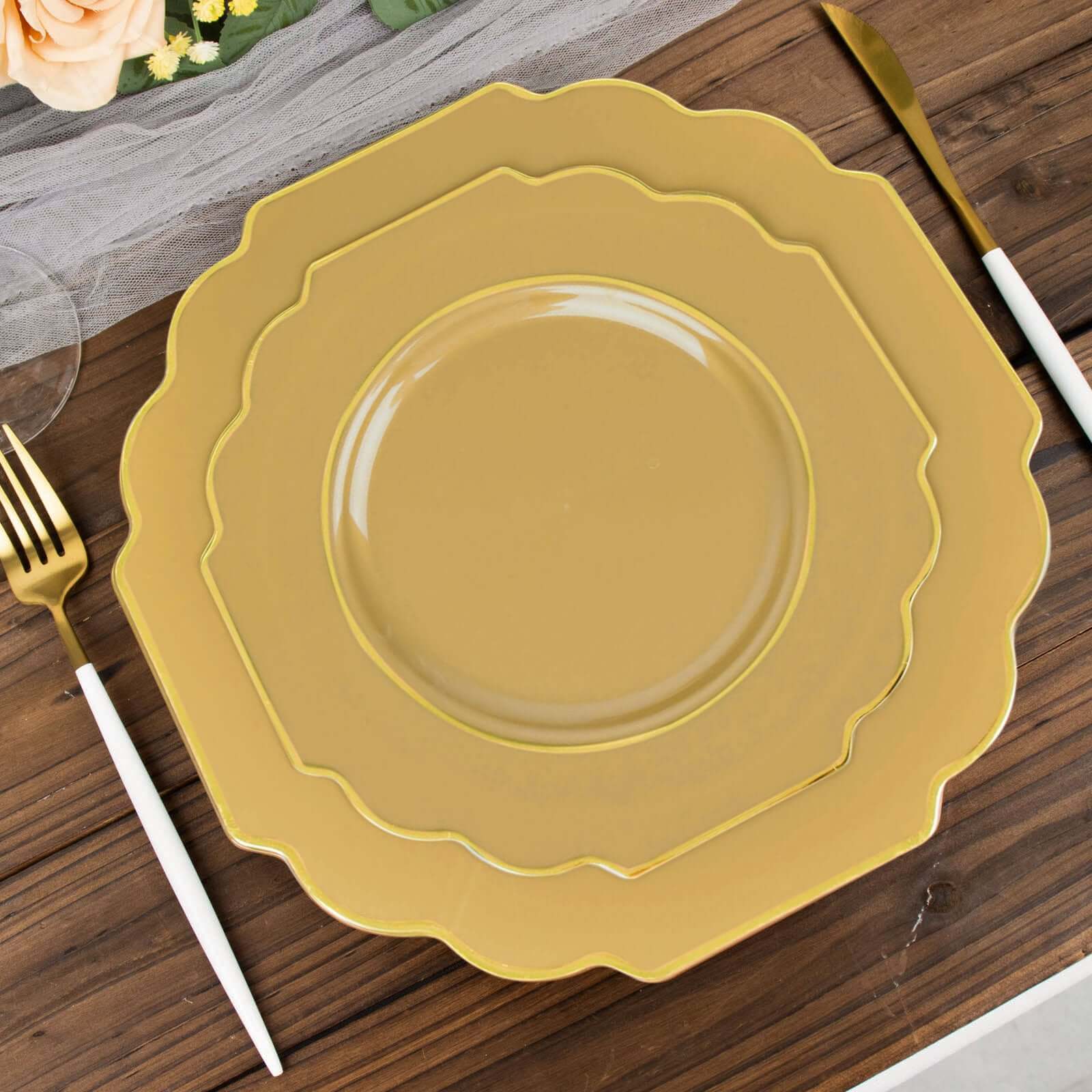 10-Pack Plastic Dessert Appetizer Plates in Gold Baroque Design with Scalloped Gold Rim - Heavy Duty Disposable Salad Plates 8