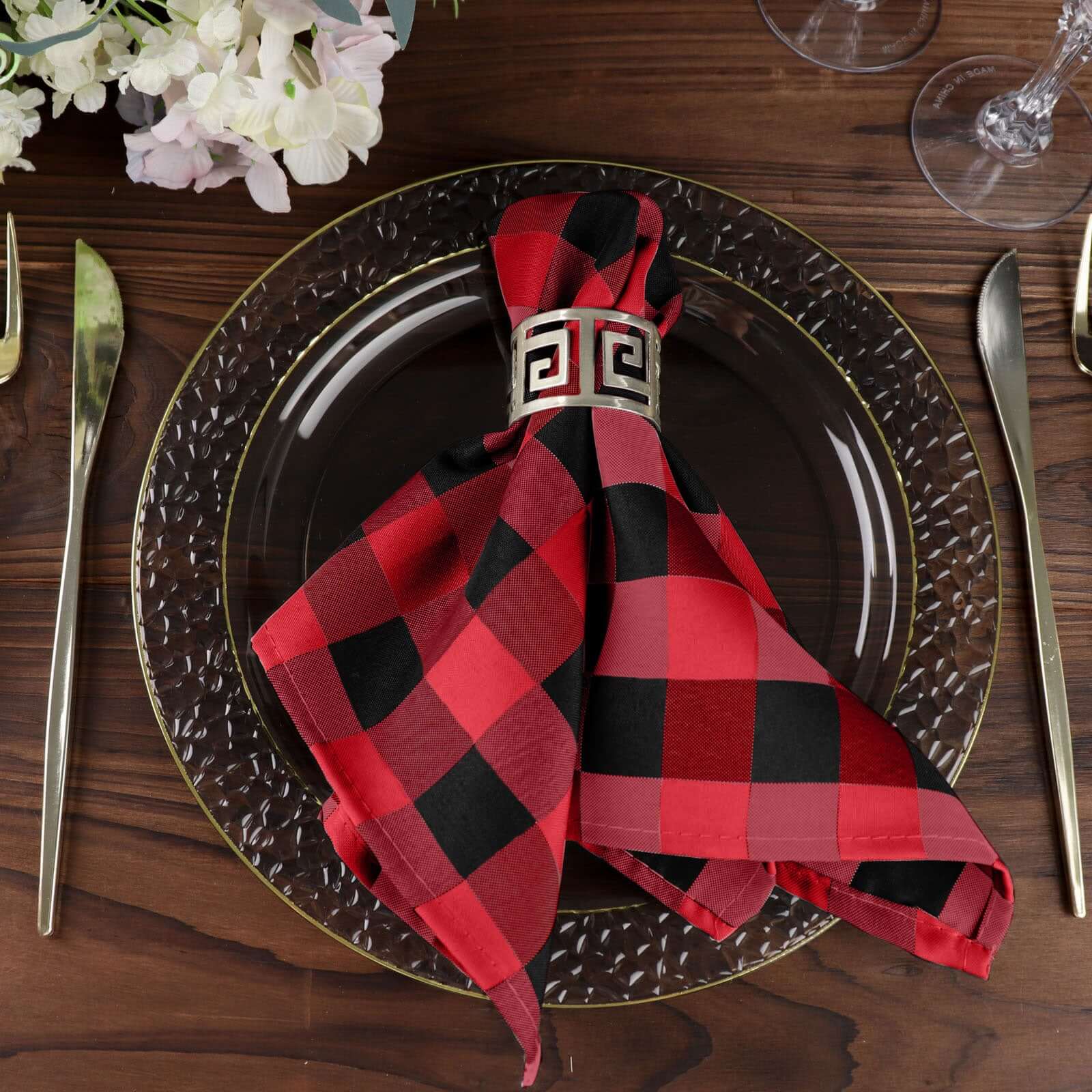 5 Pack Polyester 15x15 Napkins Black/Red Buffalo Plaid Gingham Style Cloth Napkins