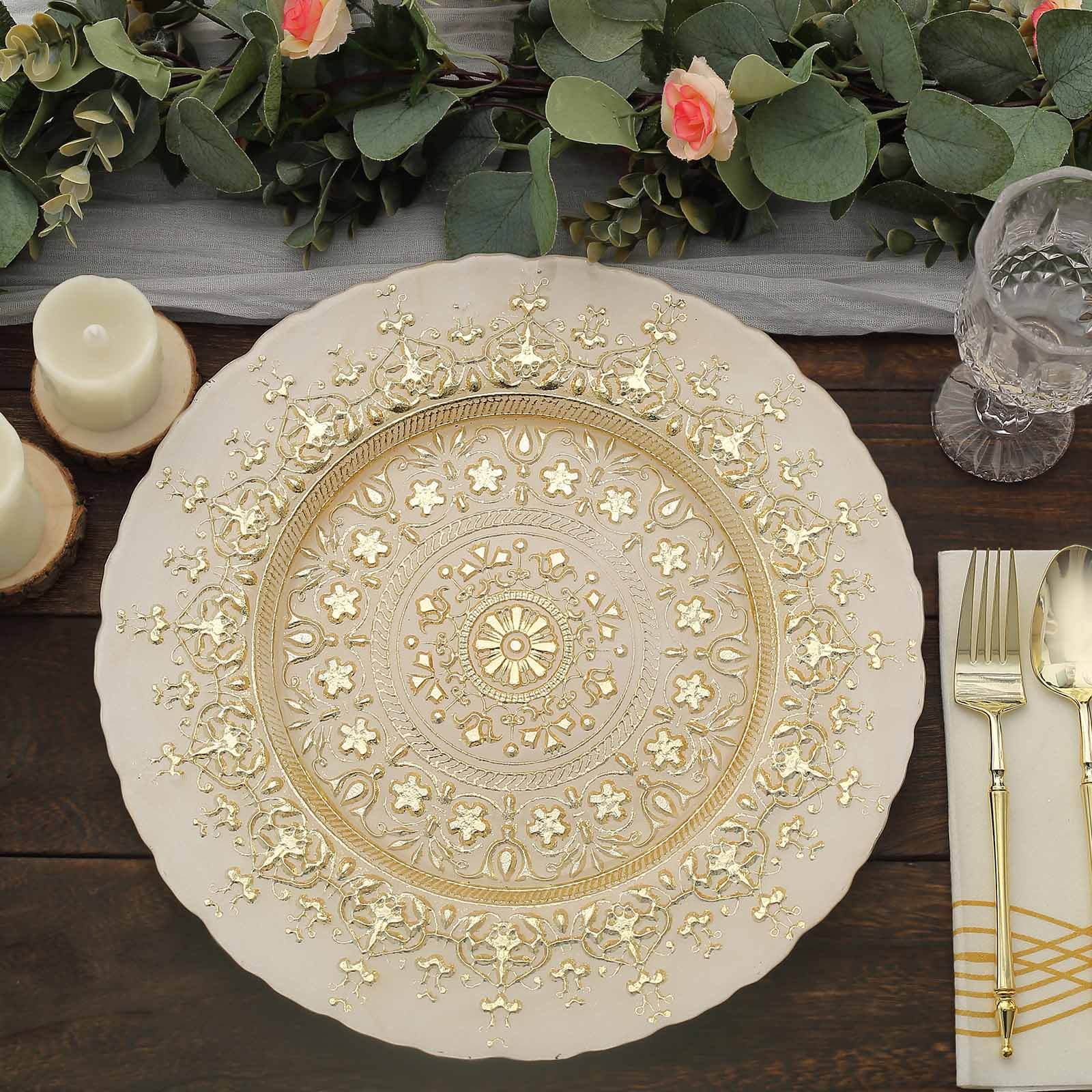 8-Pack Glass Round Charger Plates 13 in Gold with Monaco Style Ornate Design, Classy Decorative Dinner Chargers