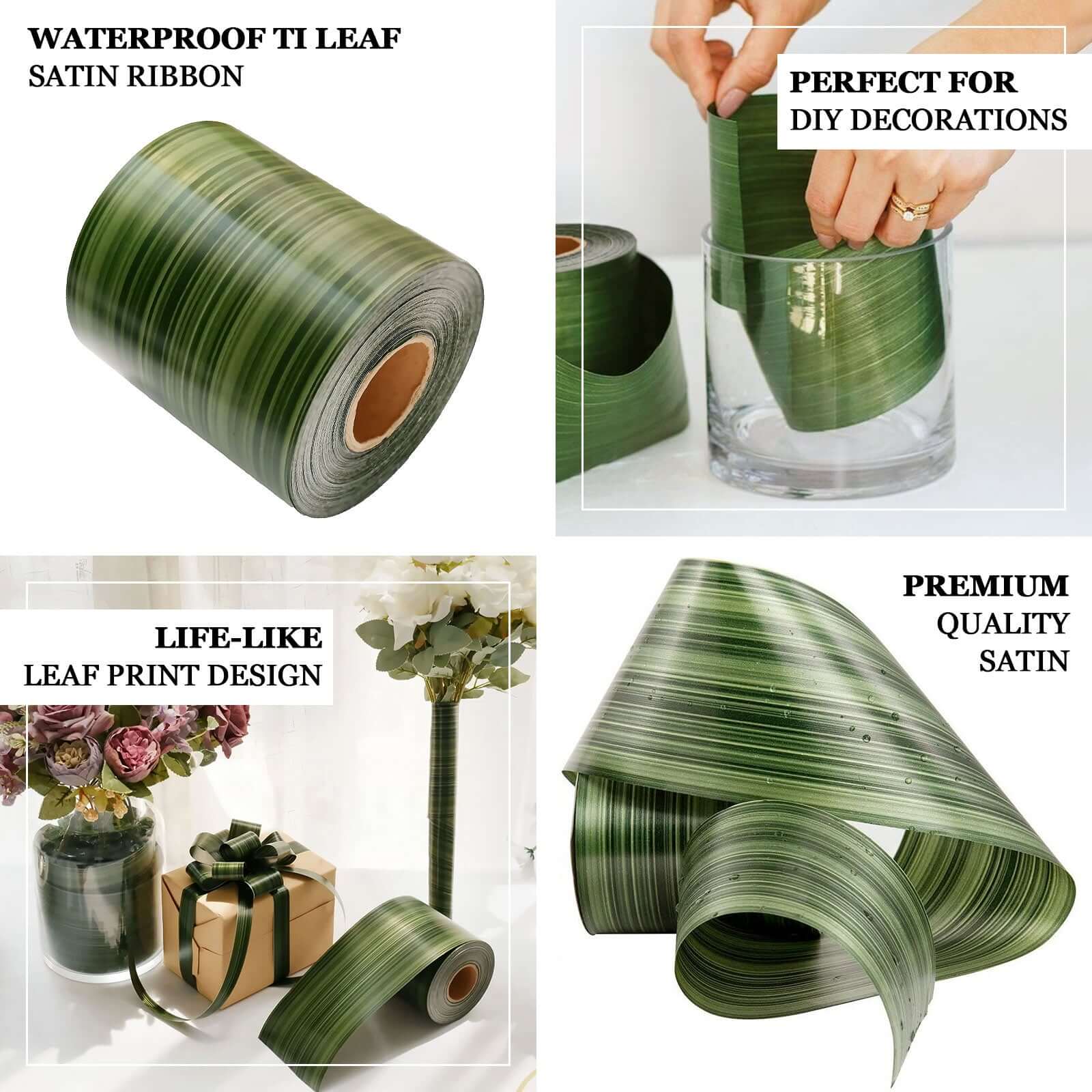 50 Yards 4 Green Ti Leaf Two Sided Floral Waterproof Satin Ribbon, DIY Bouquet Craft Supplies Wrap