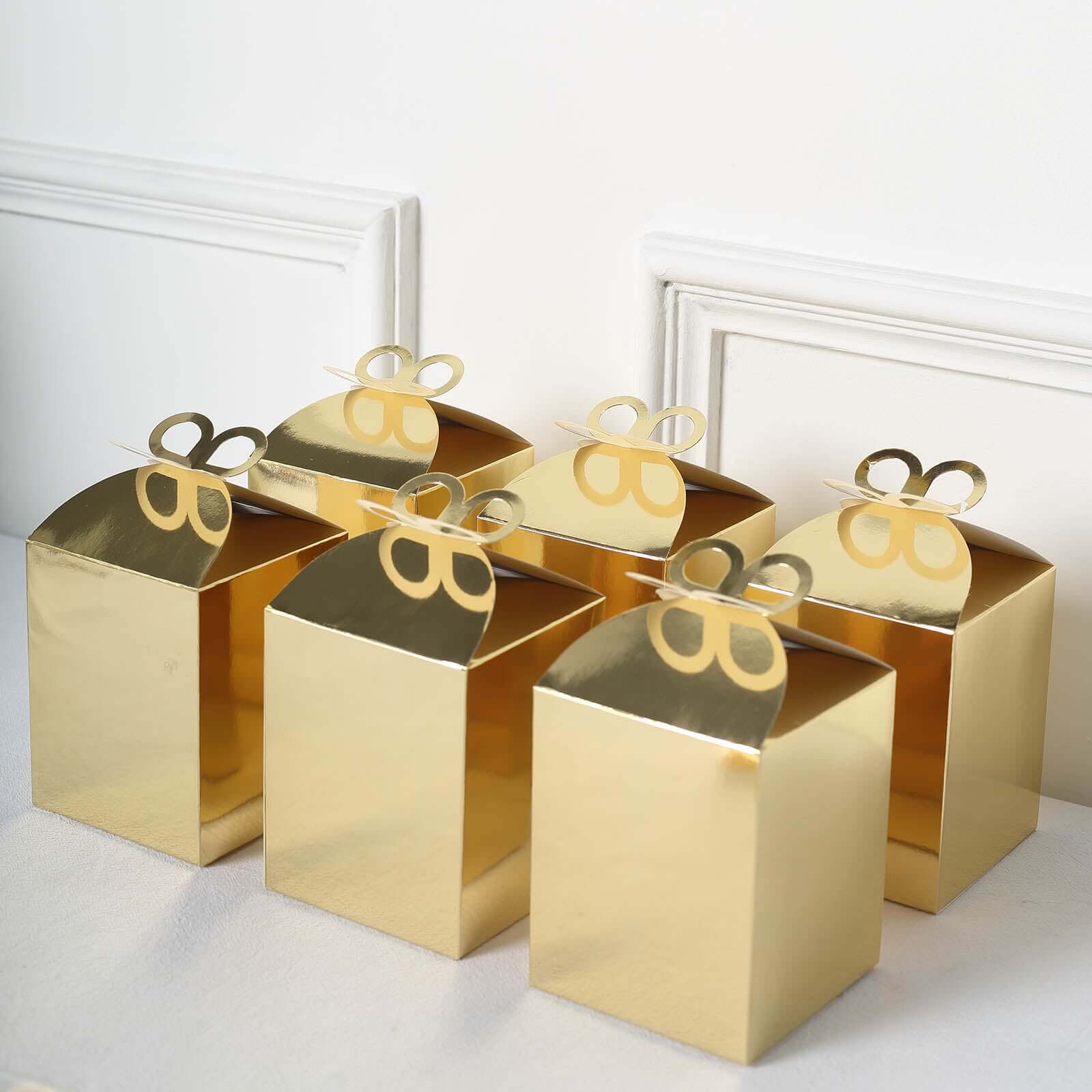 25 Pack Metallic Gold Foil Butterfly Top Premium Party Favor Boxes, Cardstock Candy Gift Boxes - 250 GSM