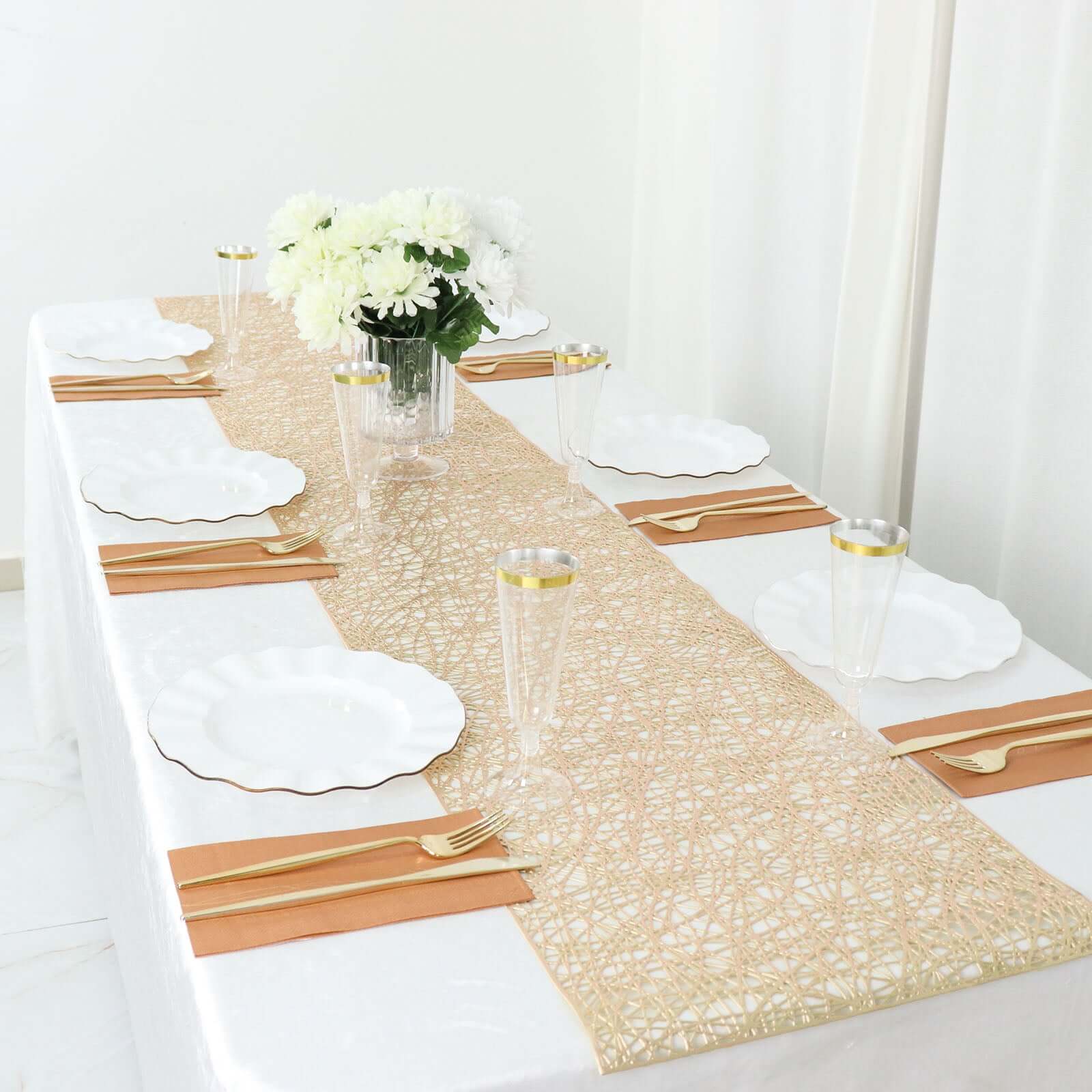 Plastic Woven Vinyl 13x6ft Table Runner Metallic Gold - Non-Slip & Reversible Tabletop Decor