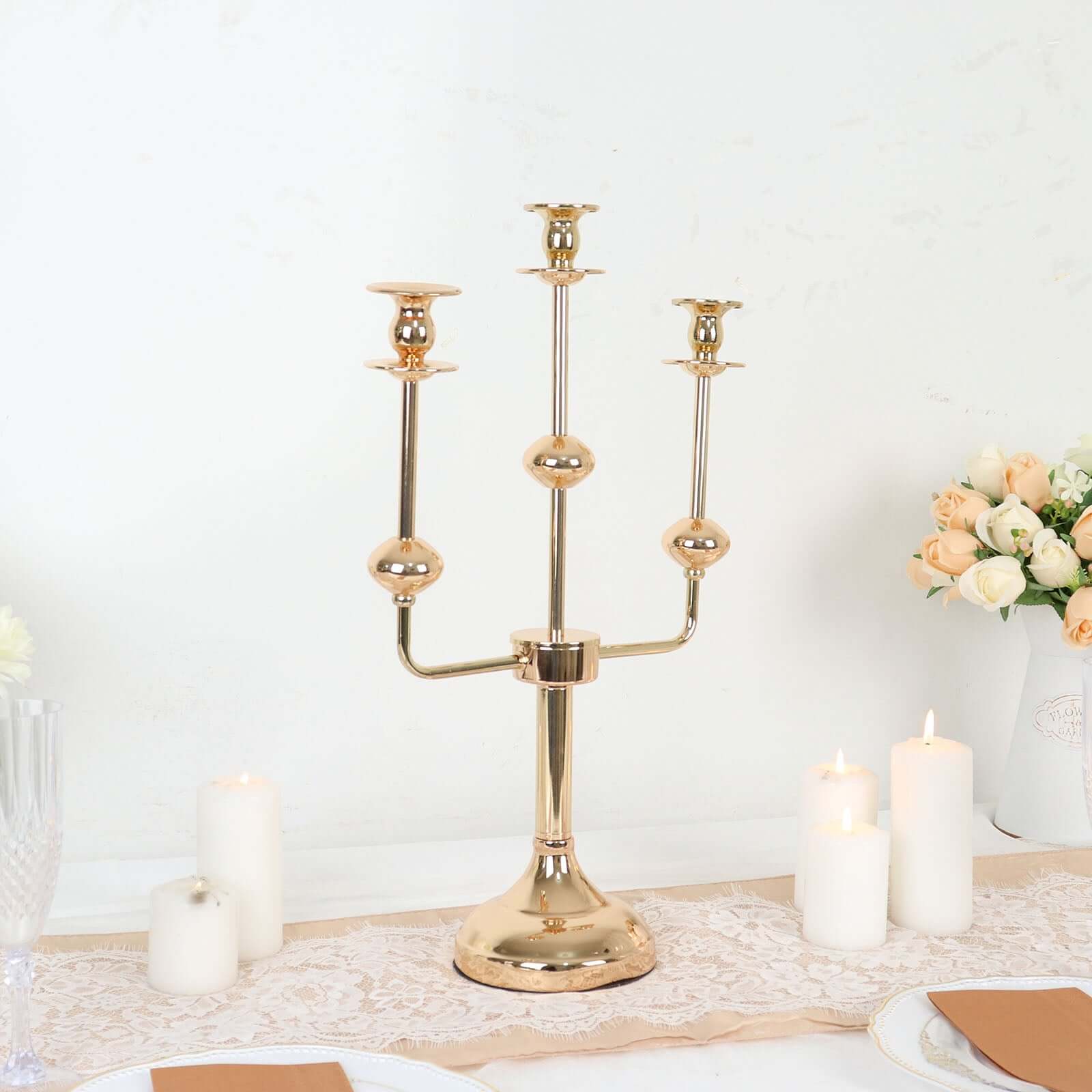 3-Arm Taper Candelabra Candle Holder Stand Gold Metal Wedding Centerpiece - Decorative Display 20