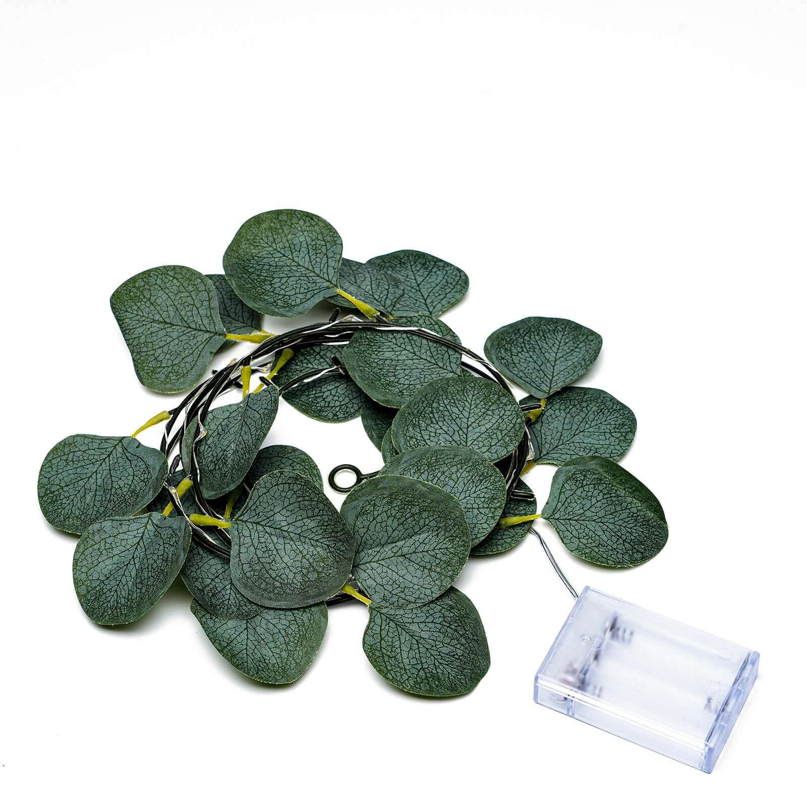 20 LED Vine String Lights Eucalyptus Leaf Design Green Warm White - Battery Operated Home Décor 7ft