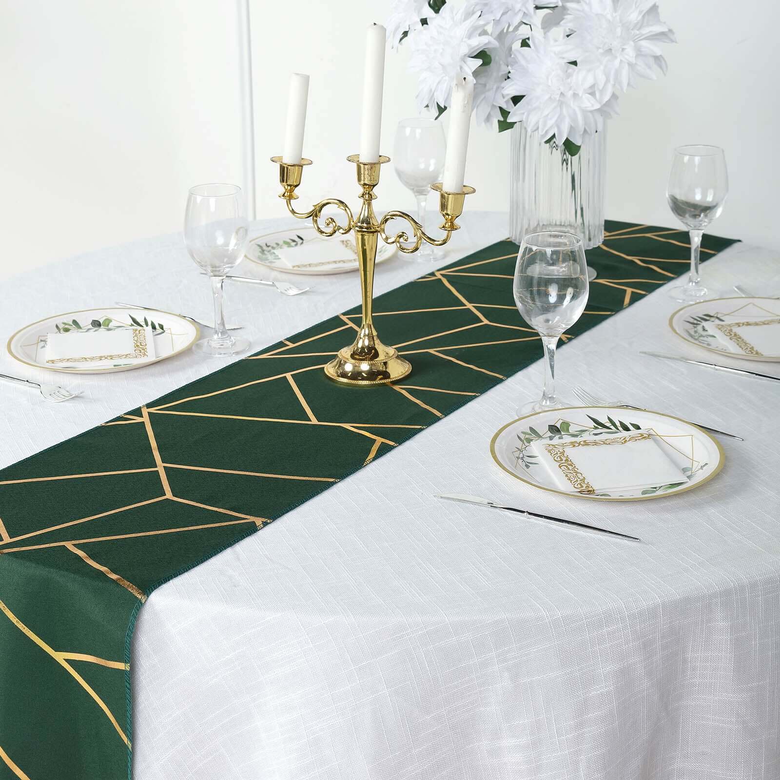 Polyester 9ft Table Runner Hunter Emerald Green with Gold Foil Modern Geometric Accent