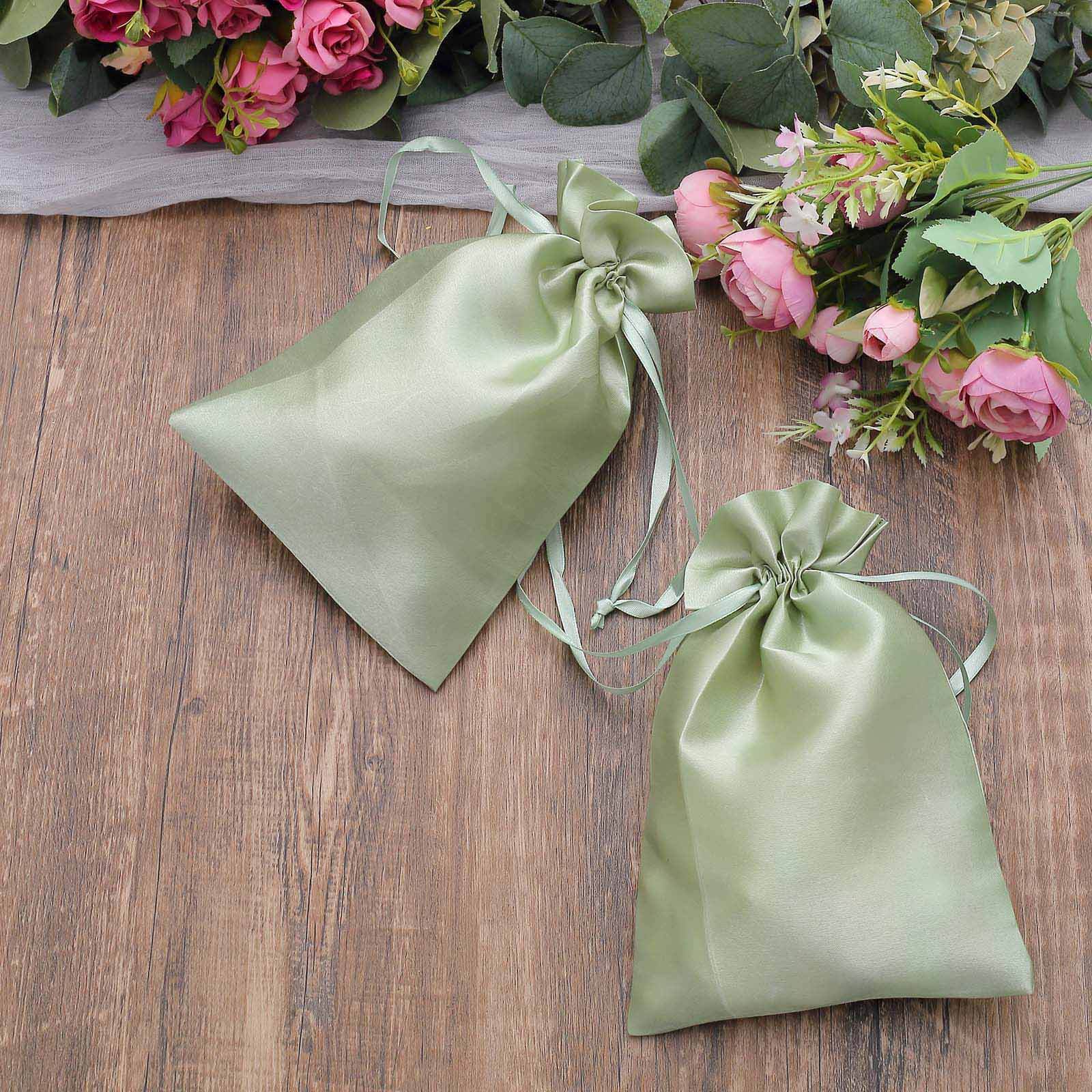 12 Pack 6x9 Sage Green Satin Wedding Party Favor Bags, Drawstring Pouch Gift Bags