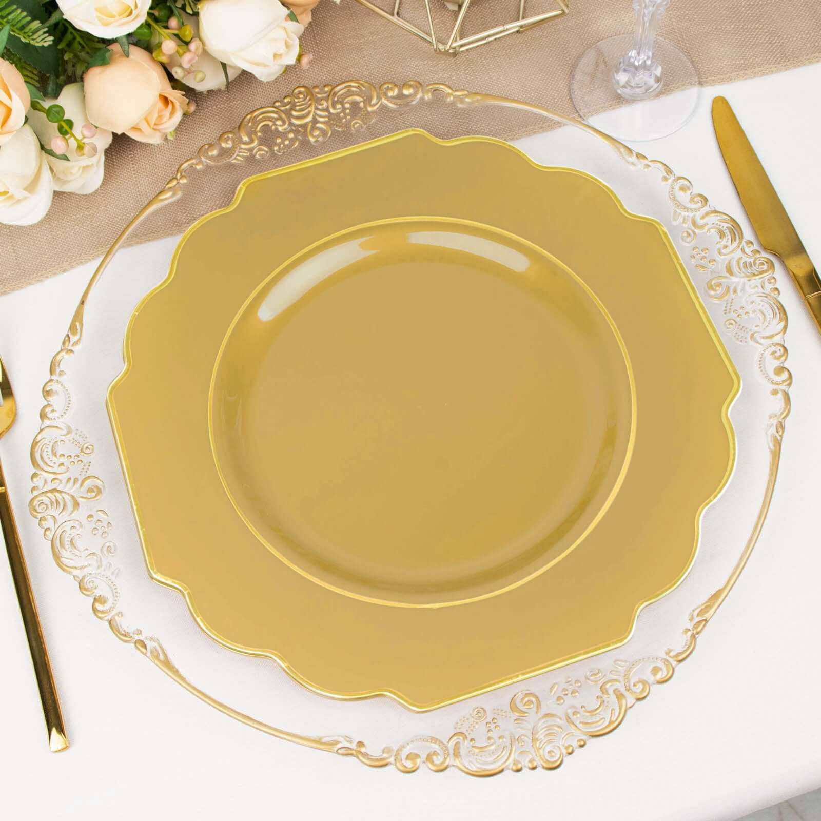 10-Pack Plastic Dinner Plates in Gold Baroque Design with Scalloped Gold Rim - Heavy Duty Disposable Party Plates for Events & Banquets 11