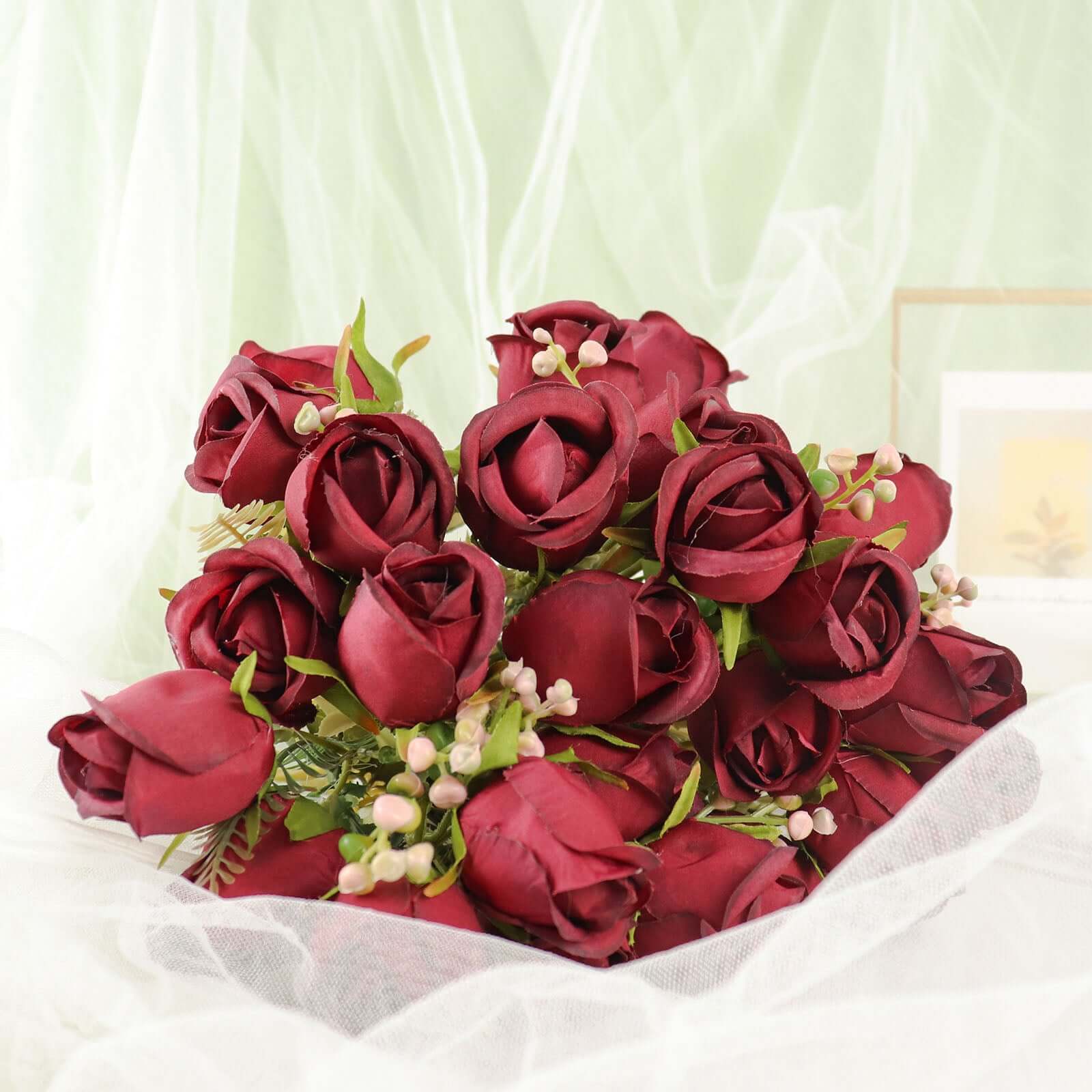 3 Pack 13 Burgundy Real Touch Silk Rose Bud Flower Bridal Bouquets, Artificial Floral Bush Arrangements