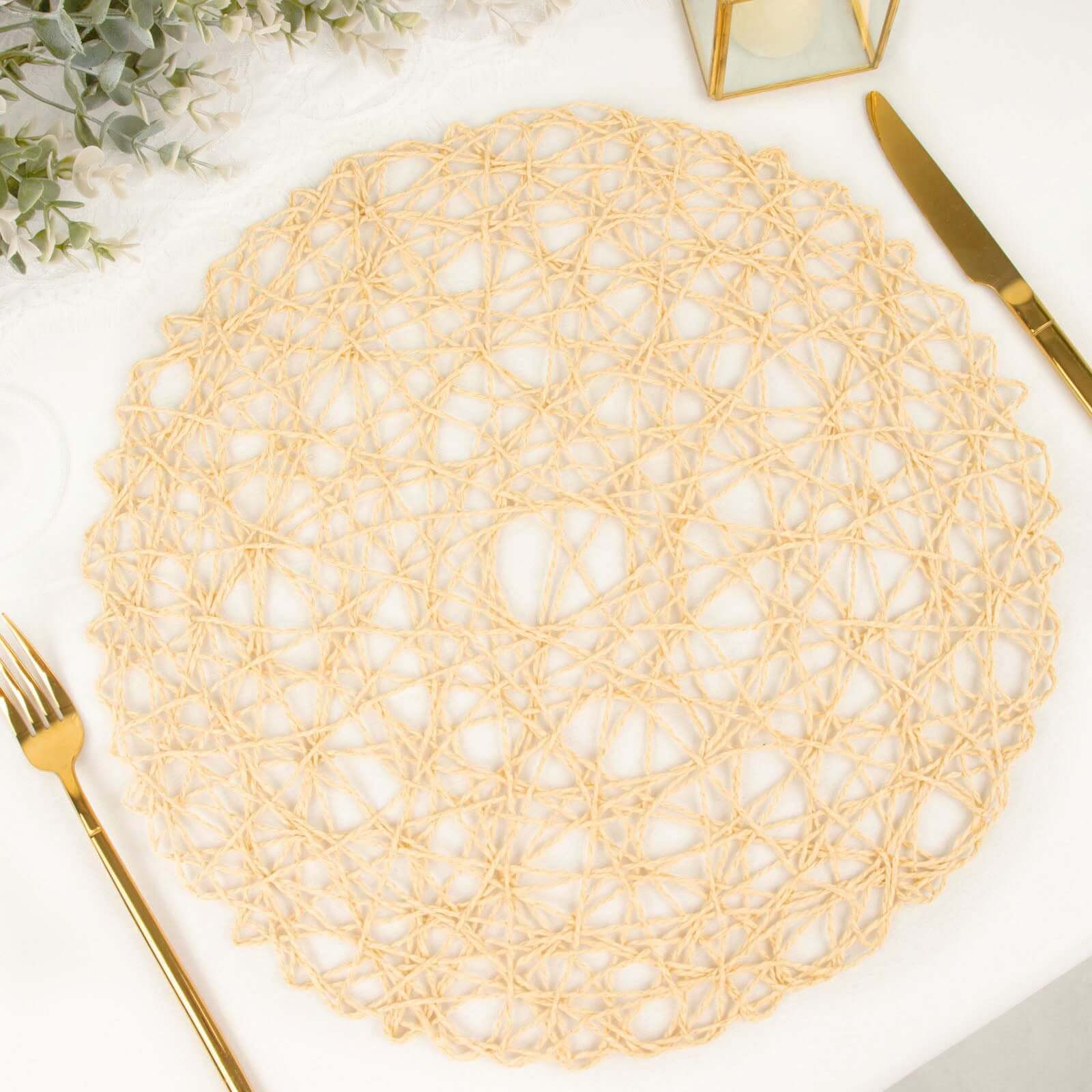 6-Pack Table Placemats Woven Fiber Design Beige Round - Disposable Mats for Dining and Events 15