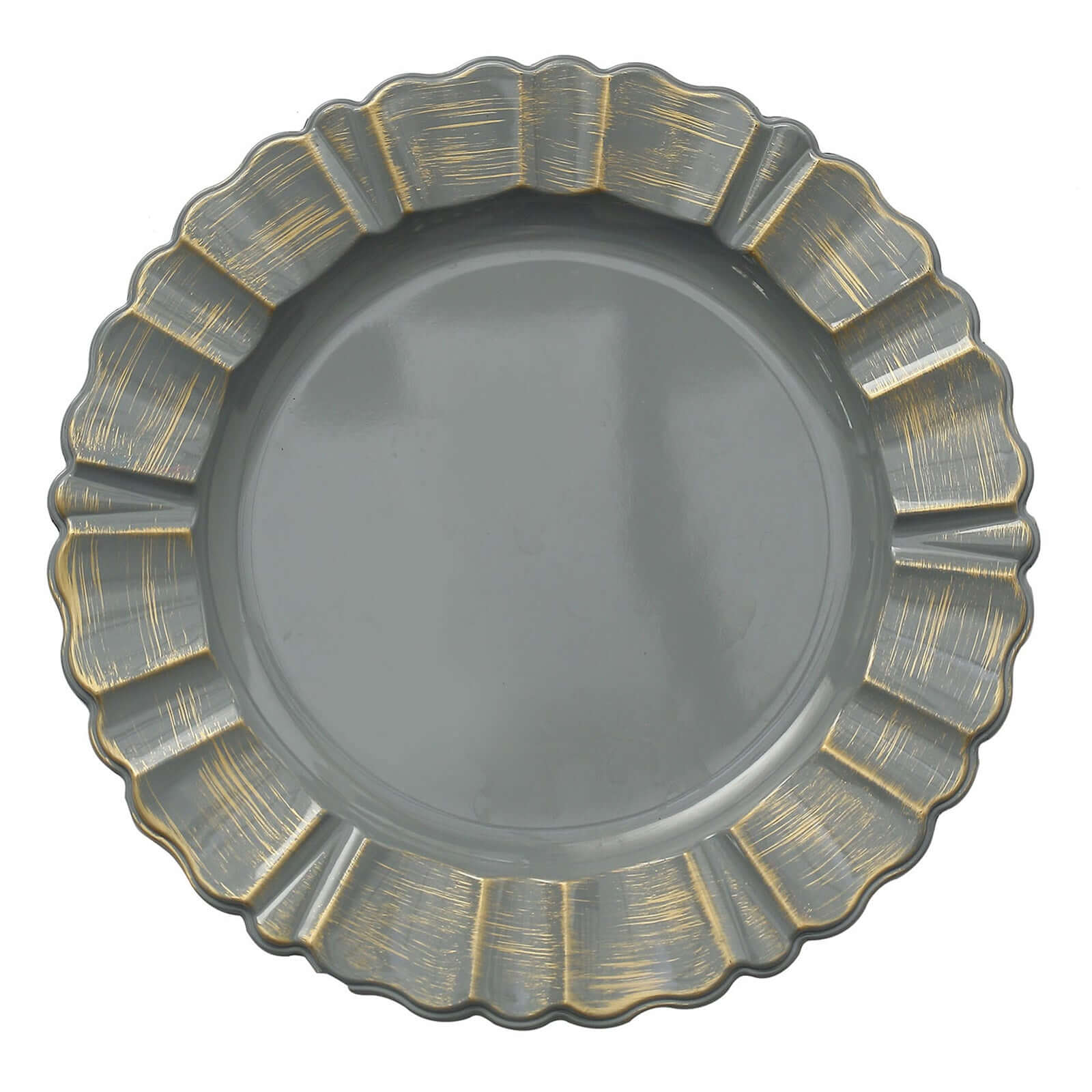 6-Pack Acrylic Plastic Round Charger Plates 13 in Charcoal Gray with Gold Brushed Wavy Scalloped Rim, Decorative Dinner Party Charger Tableware