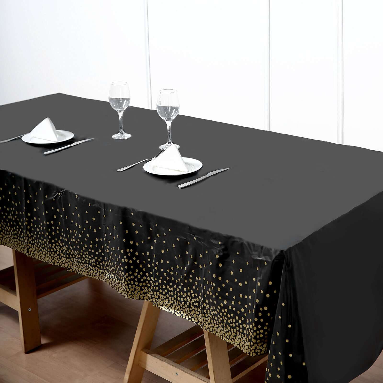 5-Pack Plastic Table Covers Black Rectangle with Gold Confetti Dots - Durable PVC Disposable Tablecloths for Events 54x108