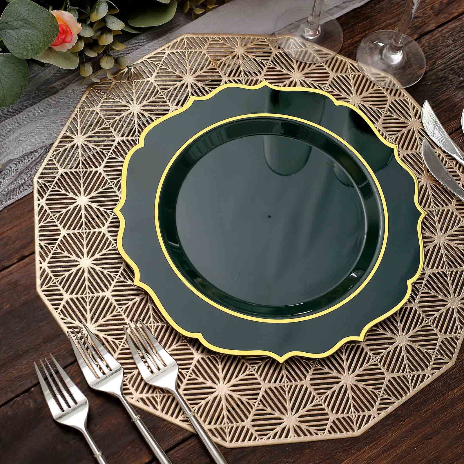 10-Pack Plastic 10 Round Dinner Plates in Hunter Emerald Green with Gold Scalloped Rim - Disposable Party Plates