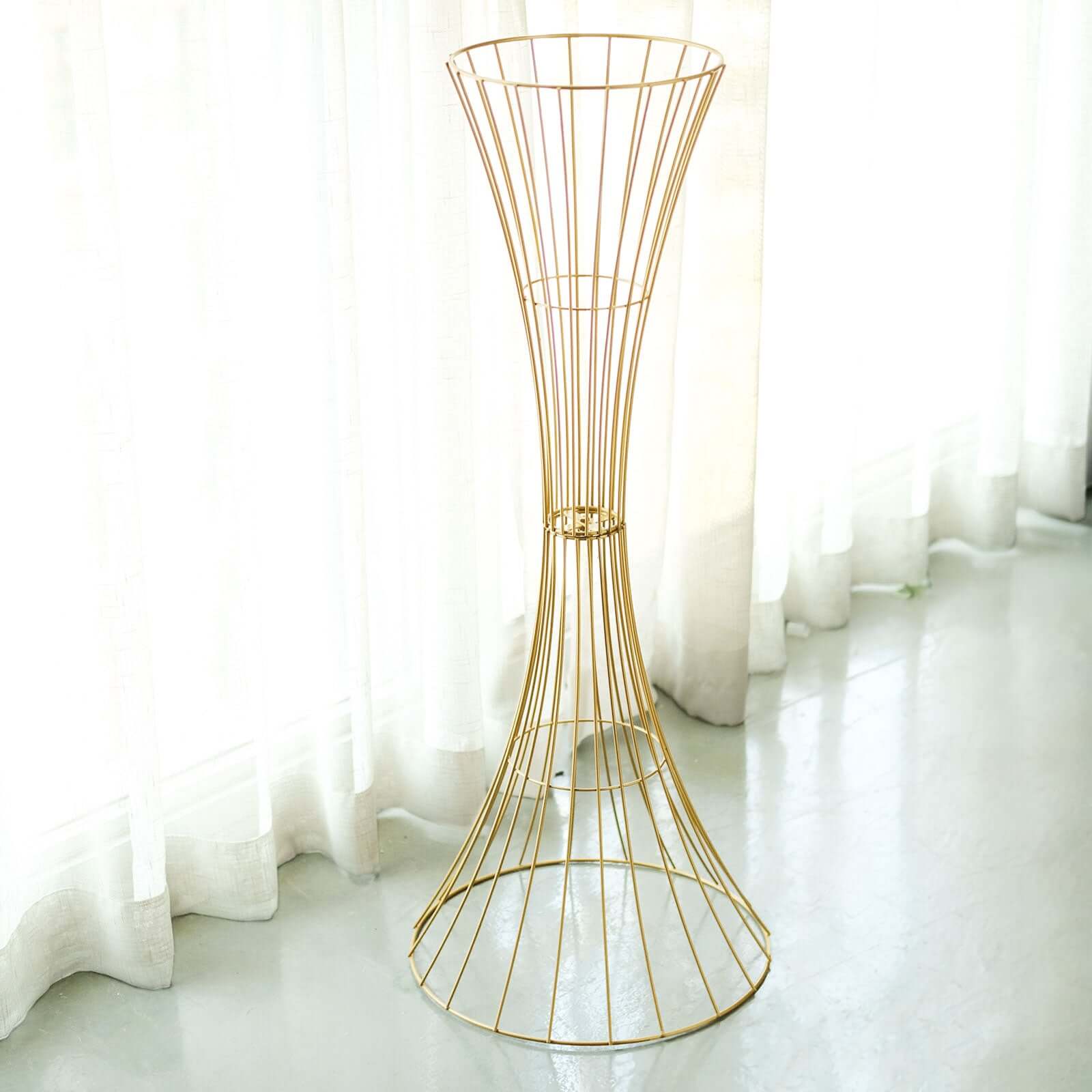 36 Tall Gold Metal Wire Hourglass Flower Frame Stand, Open Frame Reversible Trumpet Centerpiece Stand