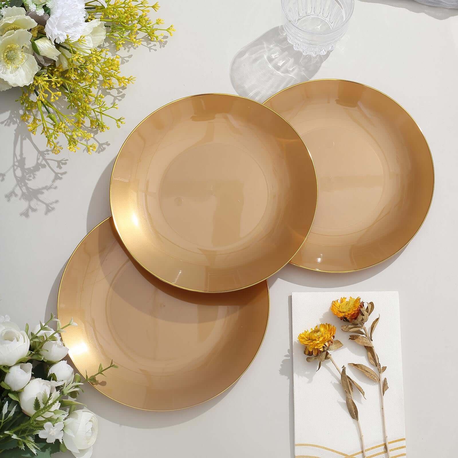 10-Pack Plastic 8 Round Dessert Plates in Gold with Gold Rim - Glossy Disposable Appetizer Salad Plates