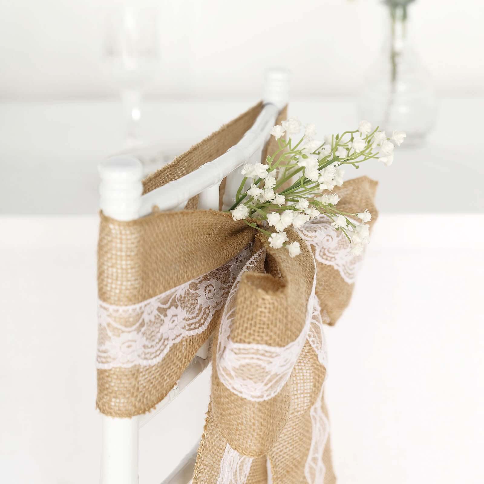 Natural Burlap Chair Sash 5x108 with Lace Hessian Jute - Rustic Bow Design for Weddings & Gatherings