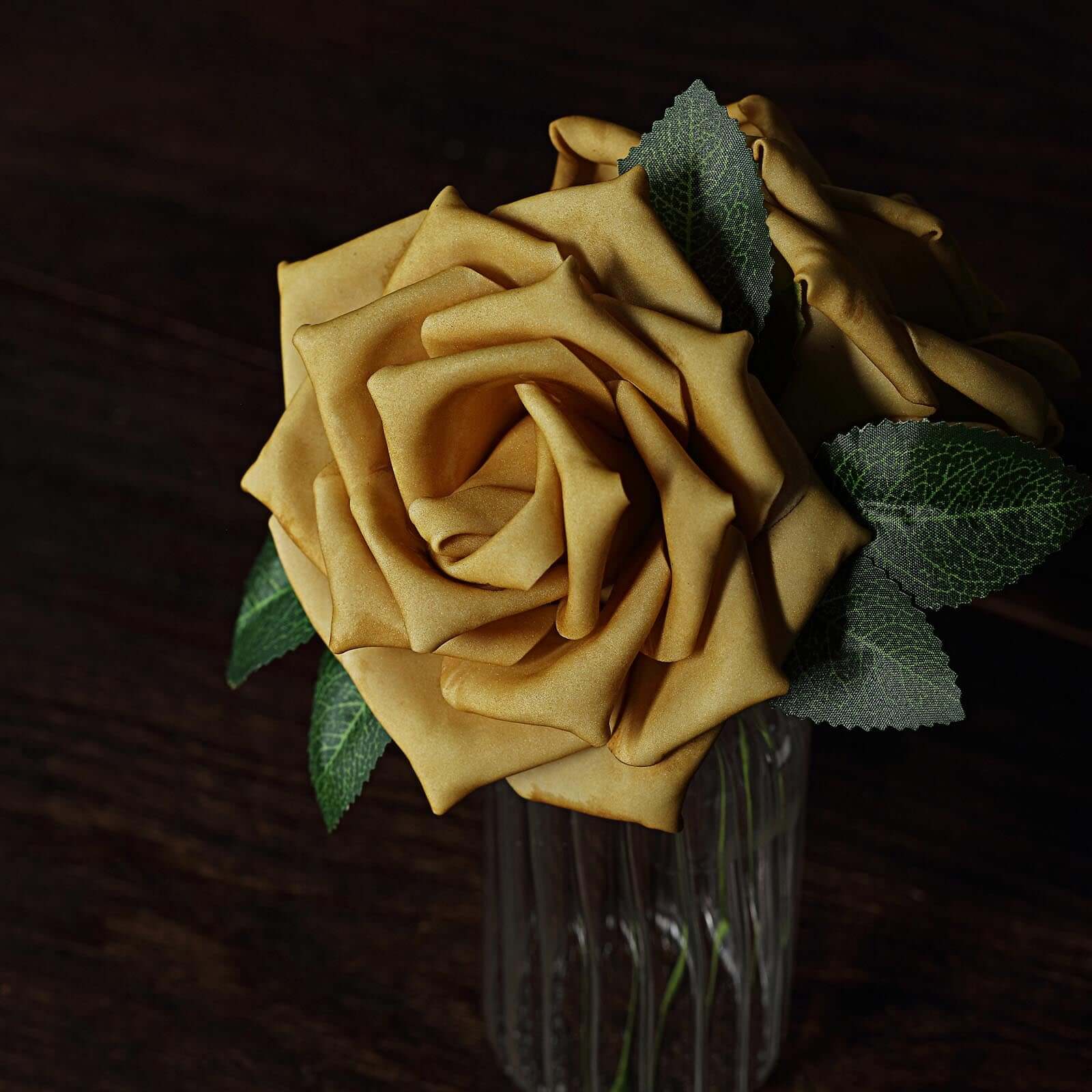 24 Roses 5 Gold Artificial Foam Flowers With Stem Wire and Leaves