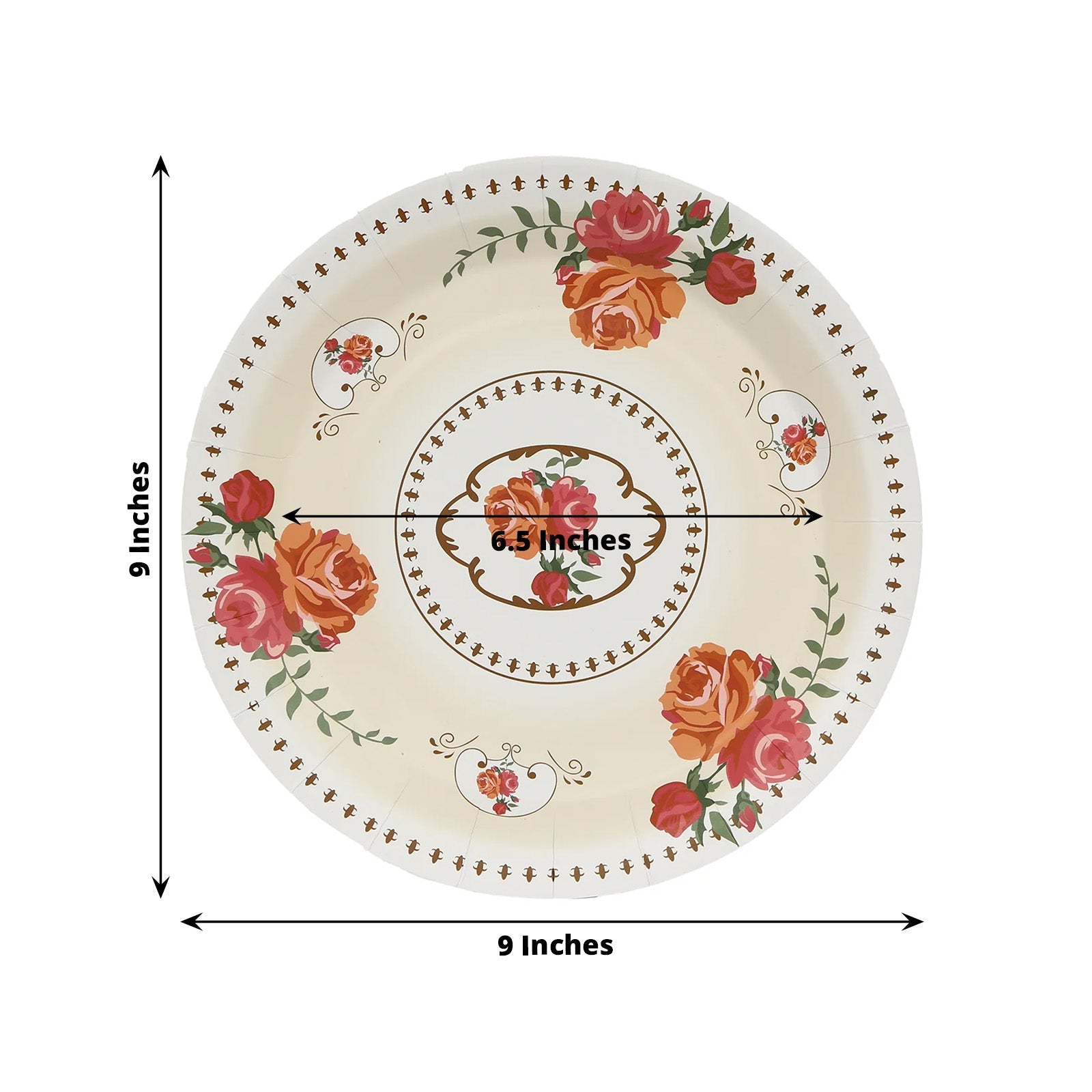 25-Pack Paper 9 Round Dinner Plates in Ivory with Vintage Rose Flower Print - Disposable Plates for High Tea Gatherings & Romantic Celebrations