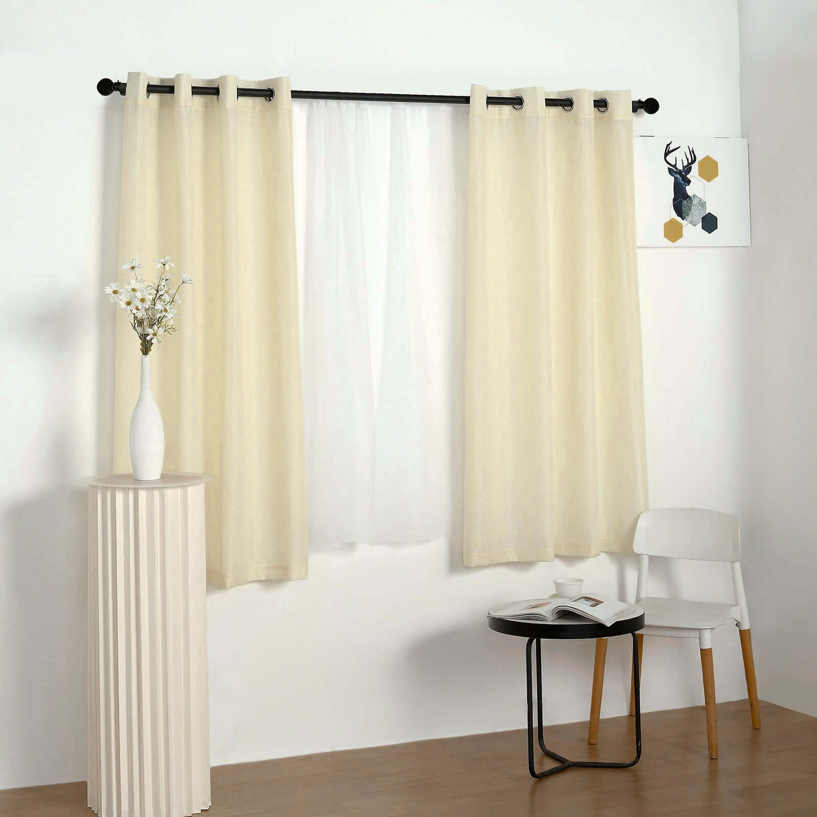 2 Pack Handmade Ivory Faux Linen Curtains 52x64, Curtain Panels With Chrome Grommets