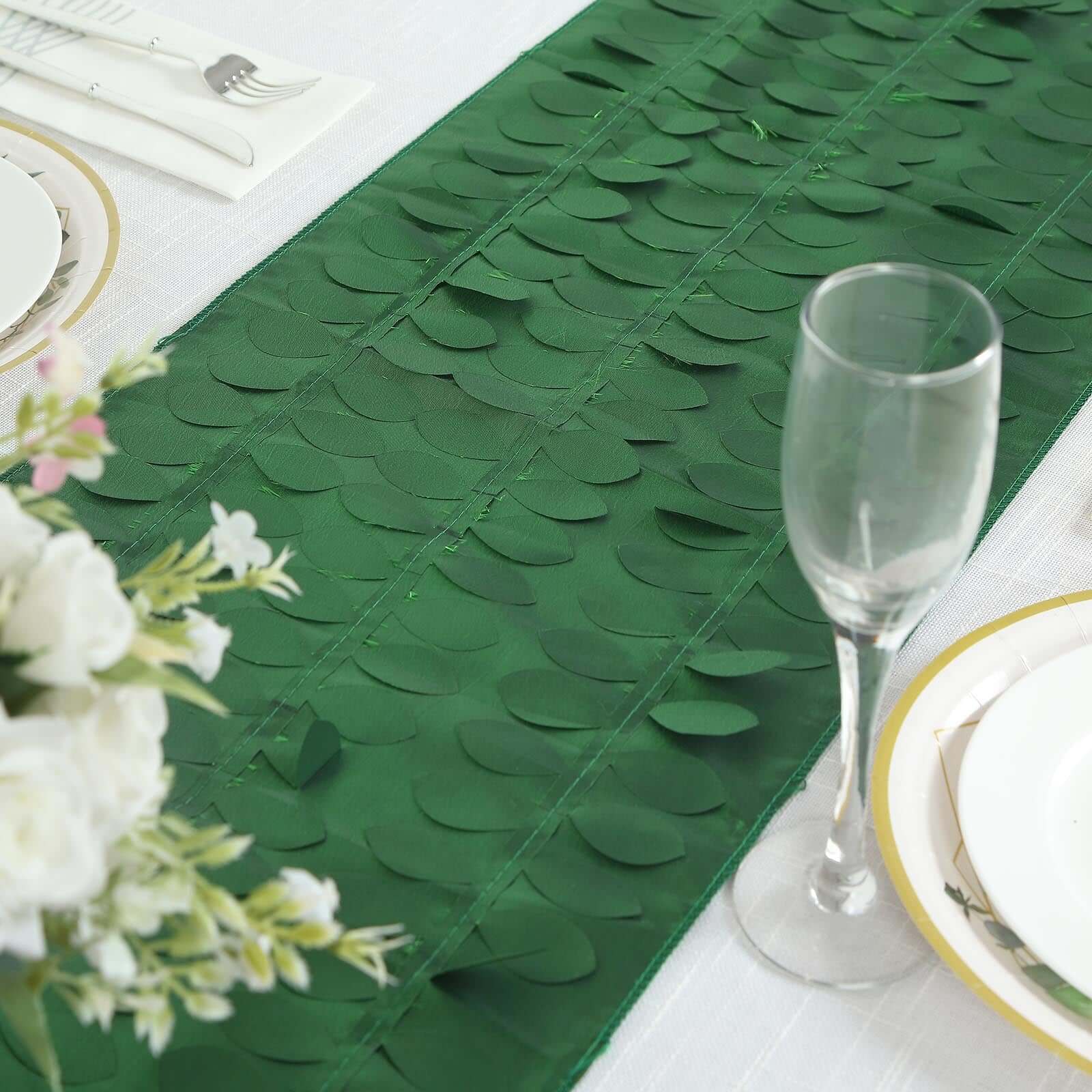 Taffeta Fabric 12x108 Table Runner Green - 3D Leaf Petal Design