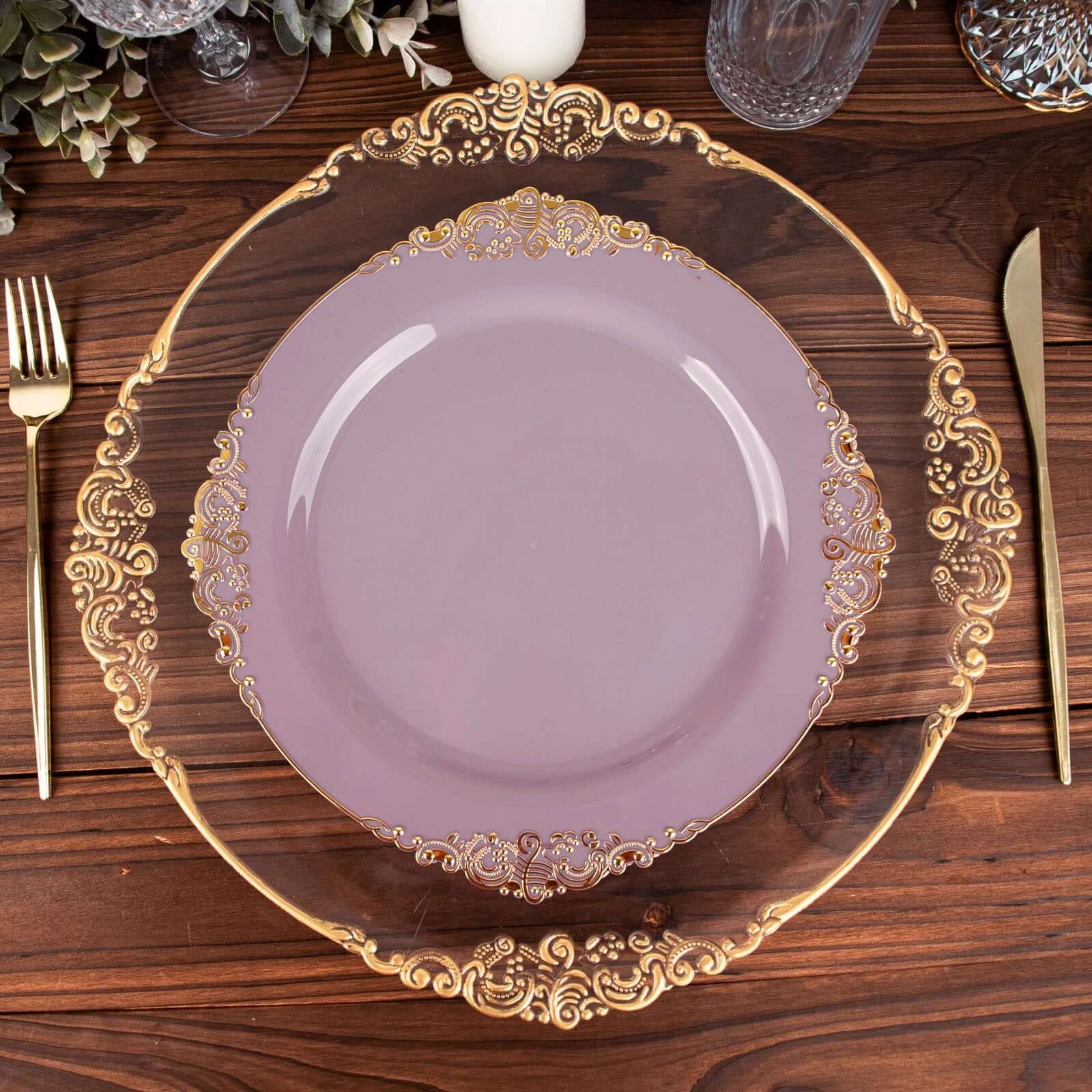 10-Pack Plastic 10 Round Dinner Plates in Lavender Lilac with Gold Leaf Embossed Rim - Disposable Vintage Baroque Style Plates