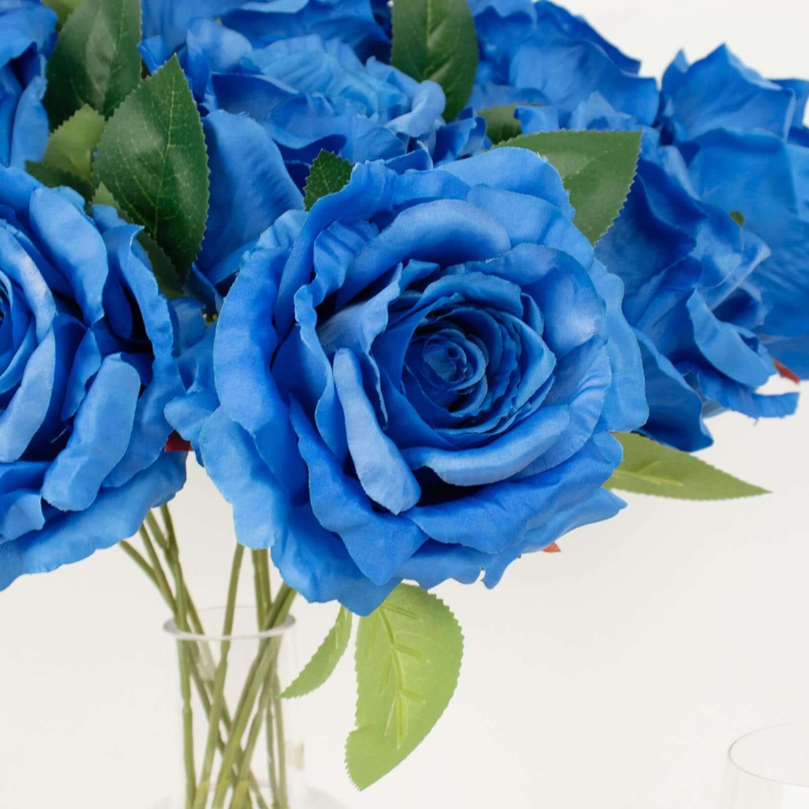 2 Bushes 17 Royal Blue Premium Silk Jumbo Rose Flower Bouquet, High Quality Artificial Wedding Floral Arrangements