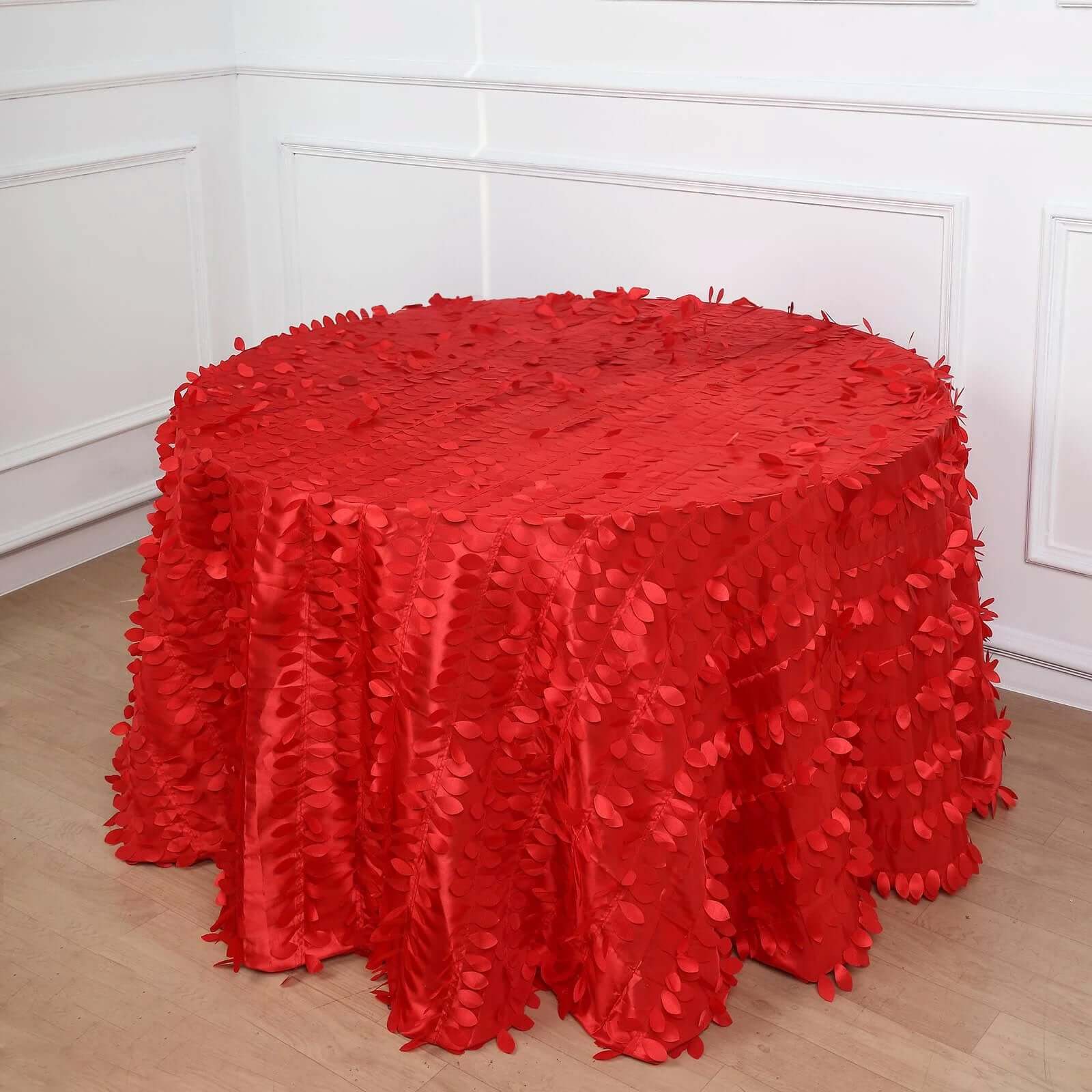 120 Red 3D Leaf Petal Taffeta Fabric Seamless Round Tablecloth for 5 Foot Table With Floor-Length Drop