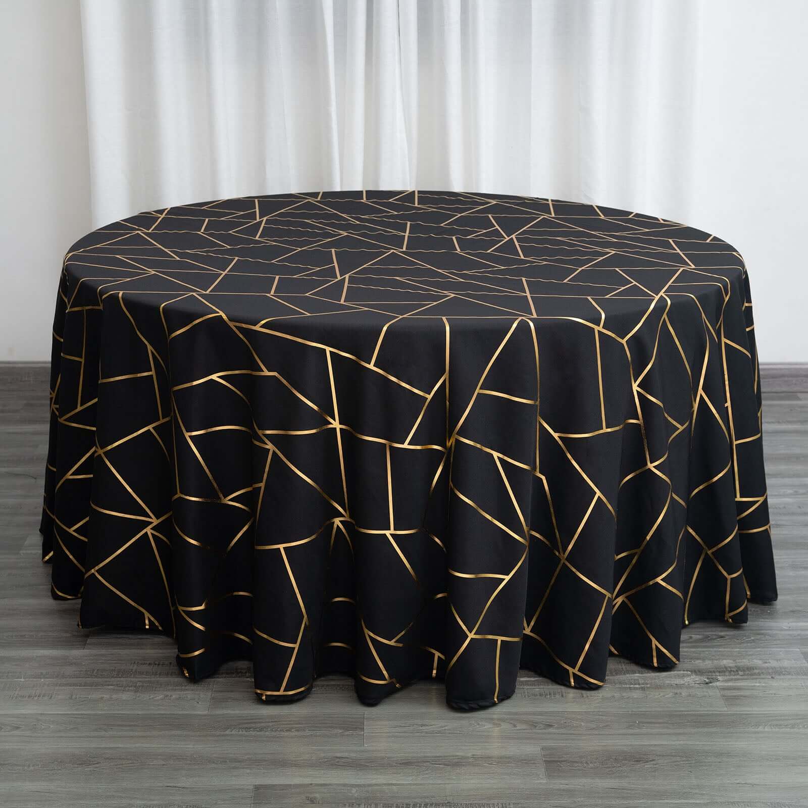 Polyester 120 Round Tablecloth Black with Gold Foil Geometric Pattern Wrinkle-Resistant Seamless Table Cover