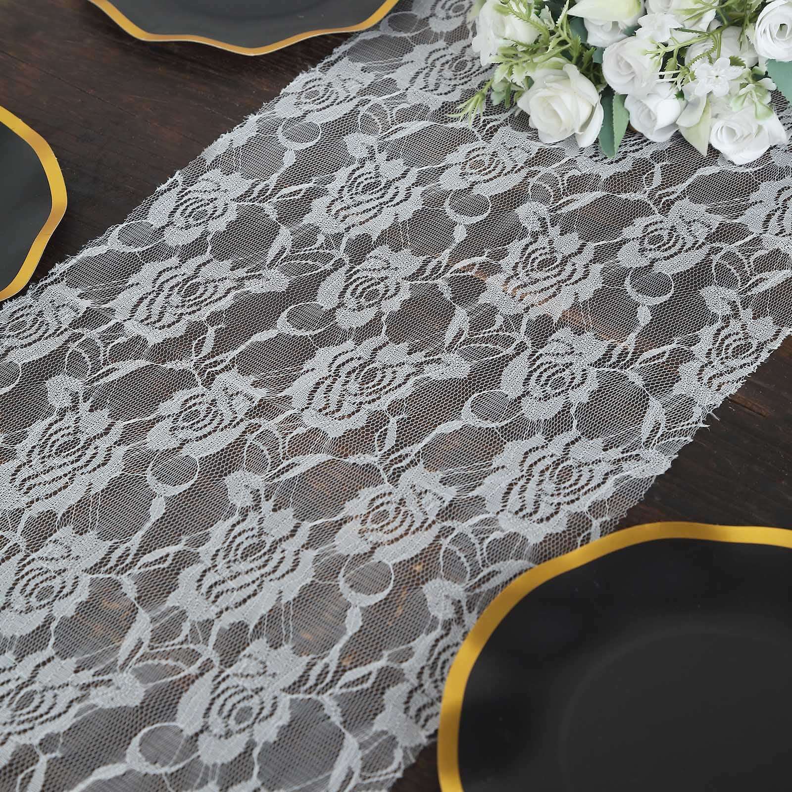 Lace 12x108 Table Runner White with Rose Flower Pattern - Stylish Vintage Table Decor