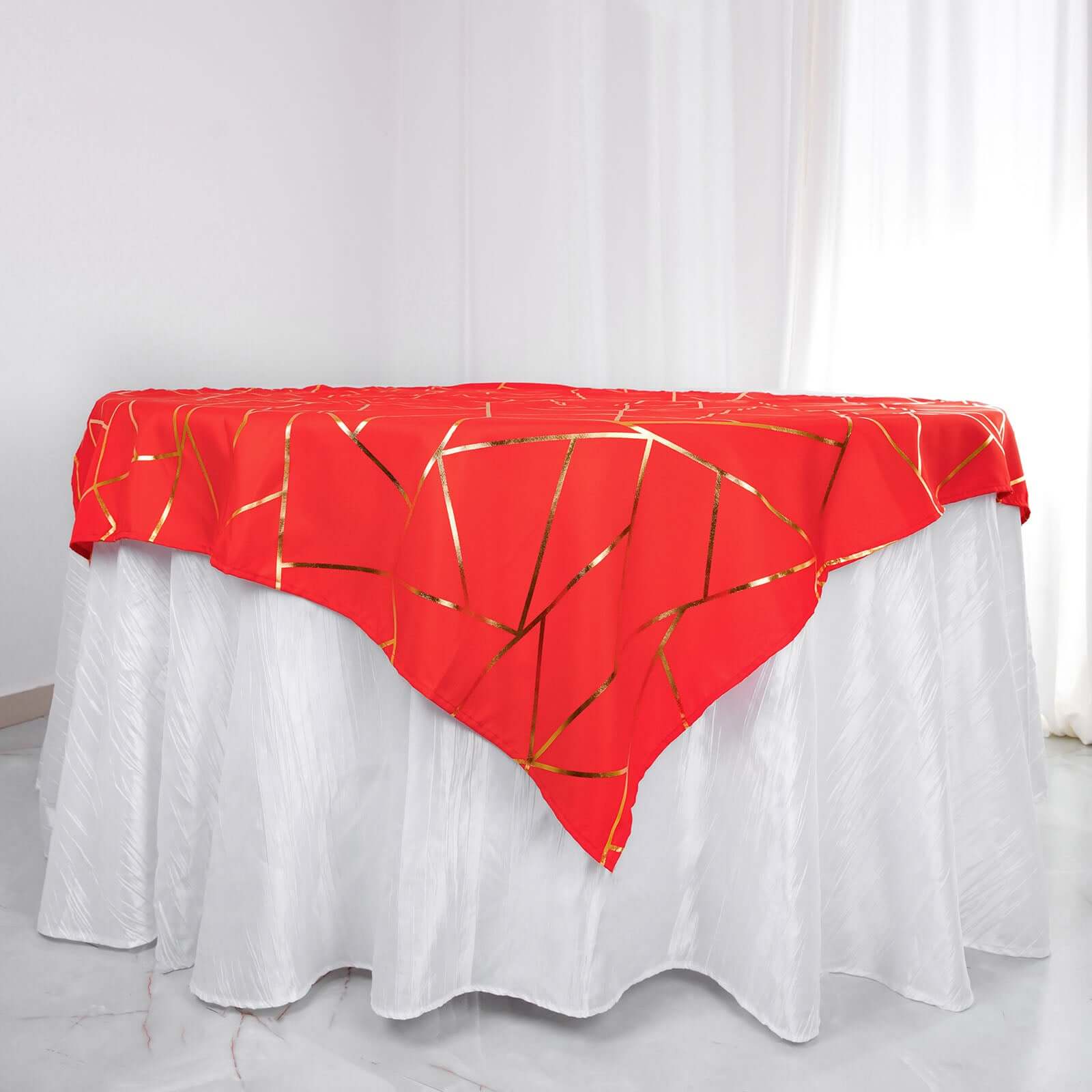 Polyester 54x54 Table Overlay Square Tablecloth Red with Gold Foil Geometric Pattern - Wrinkle-Resistant & Durable Table Topper